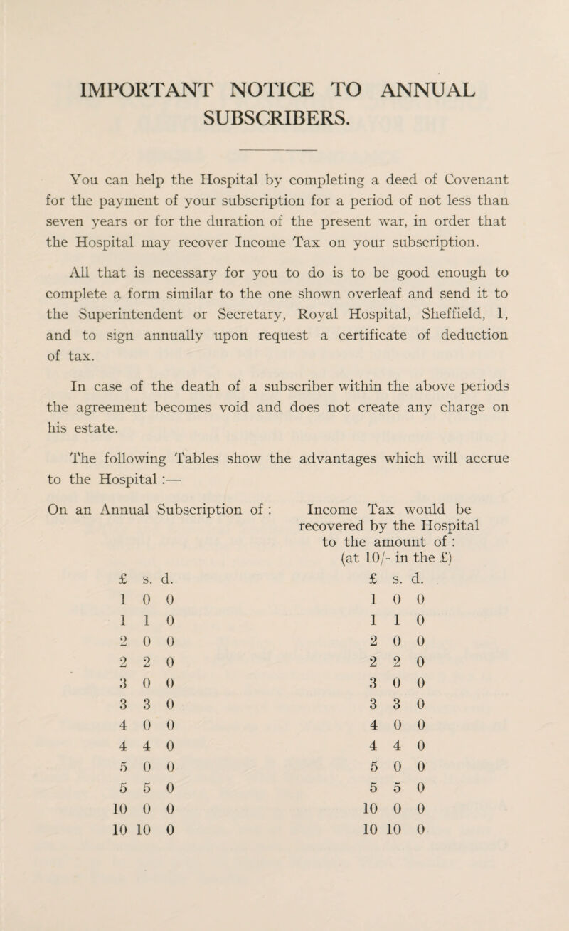 IMPORTANT NOTICE TO ANNUAL SUBSCRIBERS. You can help the Hospital by completing a deed of Covenant for the payment of your subscription for a period of not less than seven years or for the duration of the present war, in order that the Hospital may recover Income Tax on your subscription. All that is necessary for you to do is to be good enough to complete a form similar to the one shown overleaf and send it to the Superintendent or Secretary, Royal Hospital, Sheffield, 1, and to sign annually upon request a certificate of deduction of tax. In case of the death of a subscriber within the above periods the agreement becomes void and does not create any charge on his estate. The following Tables show the advantages which will accrue to the Hospital:— On an Annual Subscription of : Income Tax would be recovered by the Hospital to the amount of : (at 10/- in the £) £ s. d. 1 0 0 1 1 0 2 0 0 2 2 0 3 0 0 3 3 0 4 0 0 4 4 0 5 0 0 5 5 0 10 0 0 £ s. d. 1 0 0 1 1 0 2 0 0 2 2 0 3 0 0 3 3 0 4 0 0 4 4 0 5 0 0 5 5 0 10 0 0