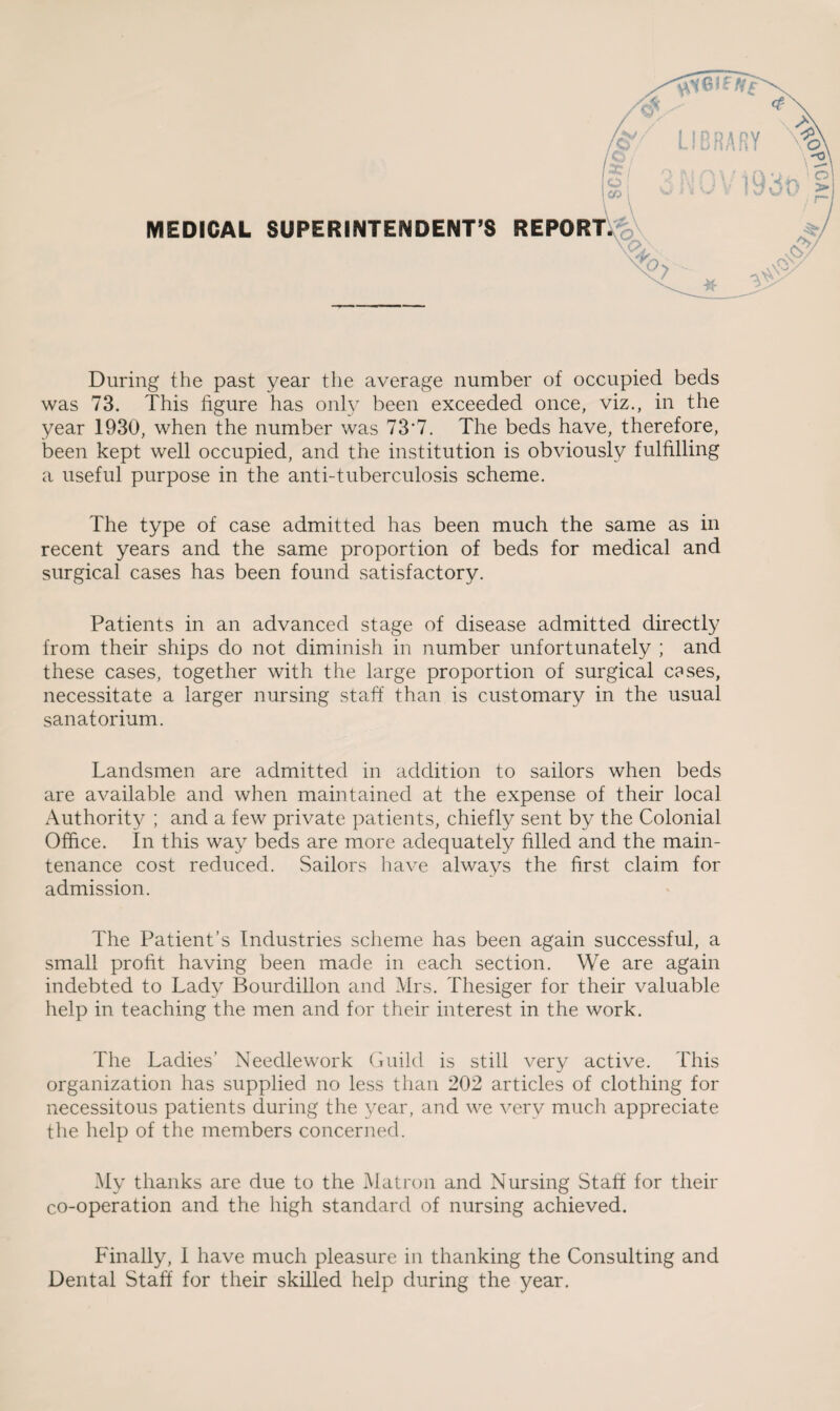 During the past year the average number of occupied beds was 73. This figure has only been exceeded once, viz., in the year 1930, when the number was 73‘7. The beds have, therefore, been kept well occupied, and the institution is obviously fulfilling a useful purpose in the anti-tuberculosis scheme. The type of case admitted has been much the same as in recent years and the same proportion of beds for medical and surgical cases has been found satisfactory. Patients in an advanced stage of disease admitted directly from their ships do not diminish in number unfortunately ; and these cases, together with the large proportion of surgical cases, necessitate a larger nursing staff than is customary in the usual sanatorium. Landsmen are admitted in addition to sailors when beds are available and when maintained at the expense of their local Authority ; and a few private patients, chiefly sent by the Colonial Office. In this way beds are more adequately filled and the main¬ tenance cost reduced. Sailors have always the first claim for admission. The Patient’s Industries scheme has been again successful, a small profit having been made in each section. We are again indebted to Lady Bourdillon and Mrs. Thesiger for their valuable help in teaching the men and for their interest in the work. The Ladies’ Needlework Guild is still very active. This organization has supplied no less than 202 articles of clothing for necessitous patients during the year, and we very much appreciate the help of the members concerned. My thanks are due to the Matron and Nursing Staff for their co-operation and the high standard of nursing achieved. Finally, 1 have much pleasure in thanking the Consulting and Dental Staff for their skilled help during the year.