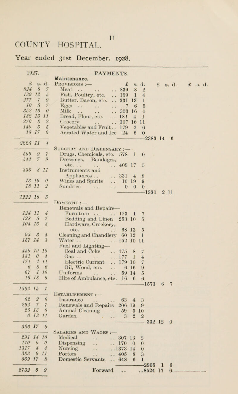 COUNTY HOSPITAL. Year ended 31st December, 1928. 1927. £ s. d. 824 6 7 139 12 5 277 7 9 10 5 7 352 16 0 182 13 11 270 8 2 149 3 5 18 17 6 2225 11 4 509 9 7 344 7 9 336 8 11 13 19 0 18 11 2 1222 16 5 124 11 4 128 5 7 104 16 8 93 3 4 157 14 3 450 19 10 181 0 4 171 4 11 6 8 6 67 1 10 16 18 6 1502 15 1 62 2 0 292 7 7 25 13 6 6 13 11 386 17 0 291 14 10 170 0 0 1317 4 4 383 9 11 569 17 8 PAYMENTS. Maintenance. Provisions :— £ s. d. Meat 839 8 o sLi Fish, Poultry, etc. 159 1 4 Butter, Bacon, etc. . . 331 13 1 Eggs. 7 6 5 Milk. 353 16 0 Bread, Flour, etc. 181 4 1 Grocery 307 16 11 Vegetables and Fruit. . 179 2 6 Aerated Water and Ice 24 6 0 Surgery and Dispensary :— Drugs, Chemicals, etc. 578 1 0 Dressings, Bandages, etc. .. 409 17 5 Instruments and Appliances . . 331 4 8 Wines and Spirits 10 19 9 Sundries 0 0 0 £ s. d. 2383 14 6 1330 2 11 £ s. d. Domestic :— Renewals and Repairs— Furniture . . 123 1 7 Bedding and Linen 253 10 5 Hardware, Crockery, etc. 68 13 5 Cleaning and Chandlery 60 12 1 Water . . 152 10 11 Fuel and Lighting— Coal and Coke 475 8 7 Gas . . 177 1 4 Electric Current 179 10 7 Oil, Wood, etc. 6 16 9 Uniforms 59 14 5 Hire of Ambulance, etc. 16 6 6 Establishment :— Insurance . . 63 4 3 Renewals and Repairs 206 19 9 Annual Cleaning . . 59 5 10 Garden . . 3 2 2 Salabies and Wages Medical Dispensing Nursing Porters Domestic Servants . 307 13 2 170 0 0 1373 14 0 405 8 3 648 6 1 i 332 12 2905 1 0 6