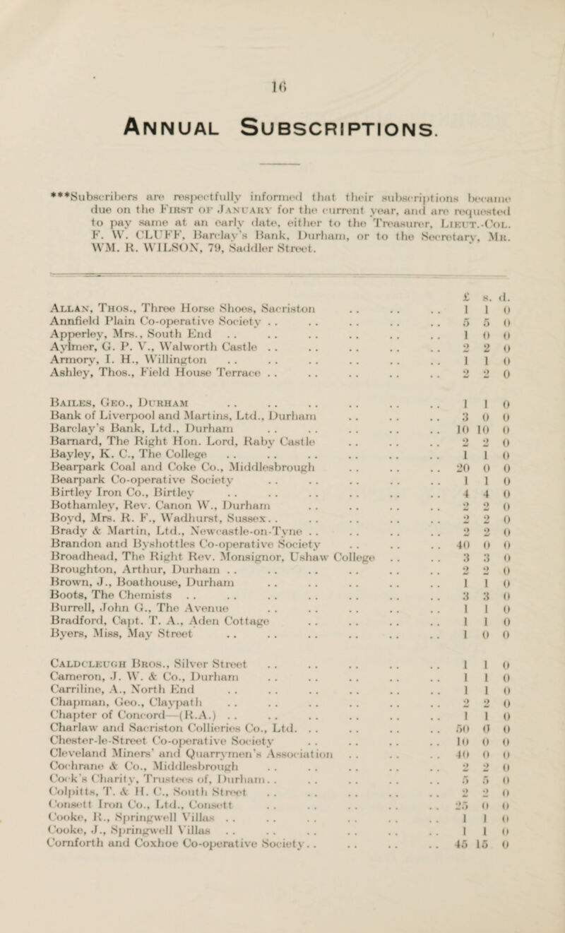 Annual Subscriptions. ♦•‘Subscribers are res[>ertfully informed that their subscriptions became due on the First of January for the current year, anti are requested to pay same at an early date, either to the Treasurer, Lievt.-Col. F. W. CU FF. Barclay's Hank, Durham, or to the Secretary, Mu. VVM. R. WILSON, 79, Saddler Street. £ s. d. Allan, Thos., Three Horse Shoes, Sacriston .. .. .. 1 1 o Annfield Plain Co-operative Society . . . . . . . . . . 5 5 0 Apperley, Mrs., South End .. .. .. .. .. .. loo Aylmer, G. P. V., Walworth Castle . . . . . . . . . . 2 2 0 Armory, I. H., Willington .. .. . . . . . . . . 110 Ashley, Thos., Field House Terrace .. .. .. .. .. 220 Bailes, Geo., Durham .. .. .. .. .. .. 110 Bank of Liverpool and Martins, Ltd., Durham .. .. .. 3 0 0 Barclay’s Bank, Ltd., Durham . . . . . . . . . . 10 10 0 Barnard, The Right Hon. Lord, Raby Castle . . . . . . 2 2 0 Bayley, K. C., The College .. .. .. .. .. . . 1 1 0 Bearpark Coal and Coke Co., Middlesbrough . . . . . . 20 0 0 Bearpark Co-operative Society . . . . . . . . .. 110 Birtley Iron Co., Birtley . . . . . . . . . . . . 440 Bothamley, Rev. Canon W., Durham .. . . . . . . 2 2 0 Boyd, Mrs. R. F., Wadhurst, Sussex. . . . . . . . . . 220 Brady & Martin, Ltd., Newcastle-on-Tyne . . . . . . . . 2 2 0 Brandon and Byshottles Co-operative Society . . . . 40 0 0 Broadhead, The Right Rev. Monsignor, Ushaw College . . . . 3 3 0 Broughton, Arthur, Durham . . .. .. . . . . . . 2 2 0 Brown, J., Boathouse, Durham . . . . . . . . . . 110 Boots, The Chemists . . .. . . . . . . . . . . 3 3 0 Burrell, John G., The Avenue . . . . . . . . . . 110 Bradford, Capt. T. A., Aden Cottage . . . . . . . . 110 Byers, Miss, May Street .. . . . . . . . . . . 10 0 Caldcleugh Bros., Silver Street .. . . .. .. .. 11 Cameron, J. W. & Co., Durham . . . . . . . . . . 11 Carriline, A., North End . . . . . . . . . . . . 11 Chapman, Geo., Claypath . . . . . . . . . . . . 2 2 Chapter of Concord—(R.A.) . . .. . . . . .. .. 11 Charlaw and Sacriston Collieries Co., Ltd. . . . . . . . . 50 0 Chester-le-Street Co-operative Society . . . . . . . . lo 0 Cleveland Miners’ and Quarryinen's Association .. .. 40 0 Cochrane <Sr Co., Middlesbrough . . . . . . . . . . 2 2 Cock’a Charity, Trustees of, Durham.. .. .. .. .. 5 5 Colpitis, T. & H. C., South Street . . . . . . . . .. 2 2 (.’onsett Iron Co., Ltd., Consett . . . . . . . . . . 25 O Cooke, E., Springwell Villas . . . . . . . . . . . . II Cooke, J., Springwell Villas .. . . .. . . .. . . 11