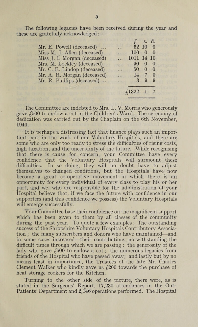 The following legacies have been received during the year and these are gratefully acknowledged Mr. E. Powell (deceased) ... Miss M. J. Allen (deceased) Miss J. I. Morgan (deceased) Mrs. M. Lockley (deceased) Mr. C. E. Lindop (deceased) Mr. A. R. Morgan (deceased) Mr. R. Phillips (deceased) ... £ s. d. 52 10 0 100 0 0 1011 14 10 90 0 0 50 0 0 14 7 0 3 9 9 £1322 1 7 The Committee are indebted to Mrs. L. V. Morris who generously gave £500 to endow a cot in the Children’s Ward. The ceremony of dedication was carried out by the Chaplain on the 6th November, 1940. It is perhaps a distressing fact that finance plays such an impor¬ tant part in the work of our Voluntary Hospitals, and there are some who are only too ready to stress the difficulties of rising costs, high taxation, and the uncertainty of the future. While recognising that there is cause for concern, your Committee have every confidence that the Voluntary Hospitals will surmount these difficulties. In so doing, they will no doubt have to adjust themselves to changed conditions, but the Hospitals have now become a great co-operative movement in which there is an opportunity for every individual of every class to play his or her part, and we, who are responsible for the administration of your Hospital believe that, if we face the future with confidence in our supporters (and this confidence we possess) the Voluntary Hospitals will emerge successfully. Your Committee base their confidence on the magnificent support which has been given to them by all classes of the community during the past year. To quote a few examples : The outstanding success of the Shropshire Voluntary Hospitals Contributory Associa¬ tion ; the many subscribers and donors who have maintained—and in some cases increased—their contributions, notwithstanding the difficult times through which we are passing ; the generosity of the lady who gave £500 to endow a cot ; the numerous legacies from friends of the Hospital who have passed away; and lastly but by no means least in importance, the Trustees of the late Mr. Charles Clement Walker who kindly gave us £200 towards the purchase of heat storage cookers for the Kitchen. Turning to the other side of the picture, there were, as is stated in the Surgeons’ Report, 17,230 attendances in the Out- Patients’ Department and 2,146 operations performed. The Hospital