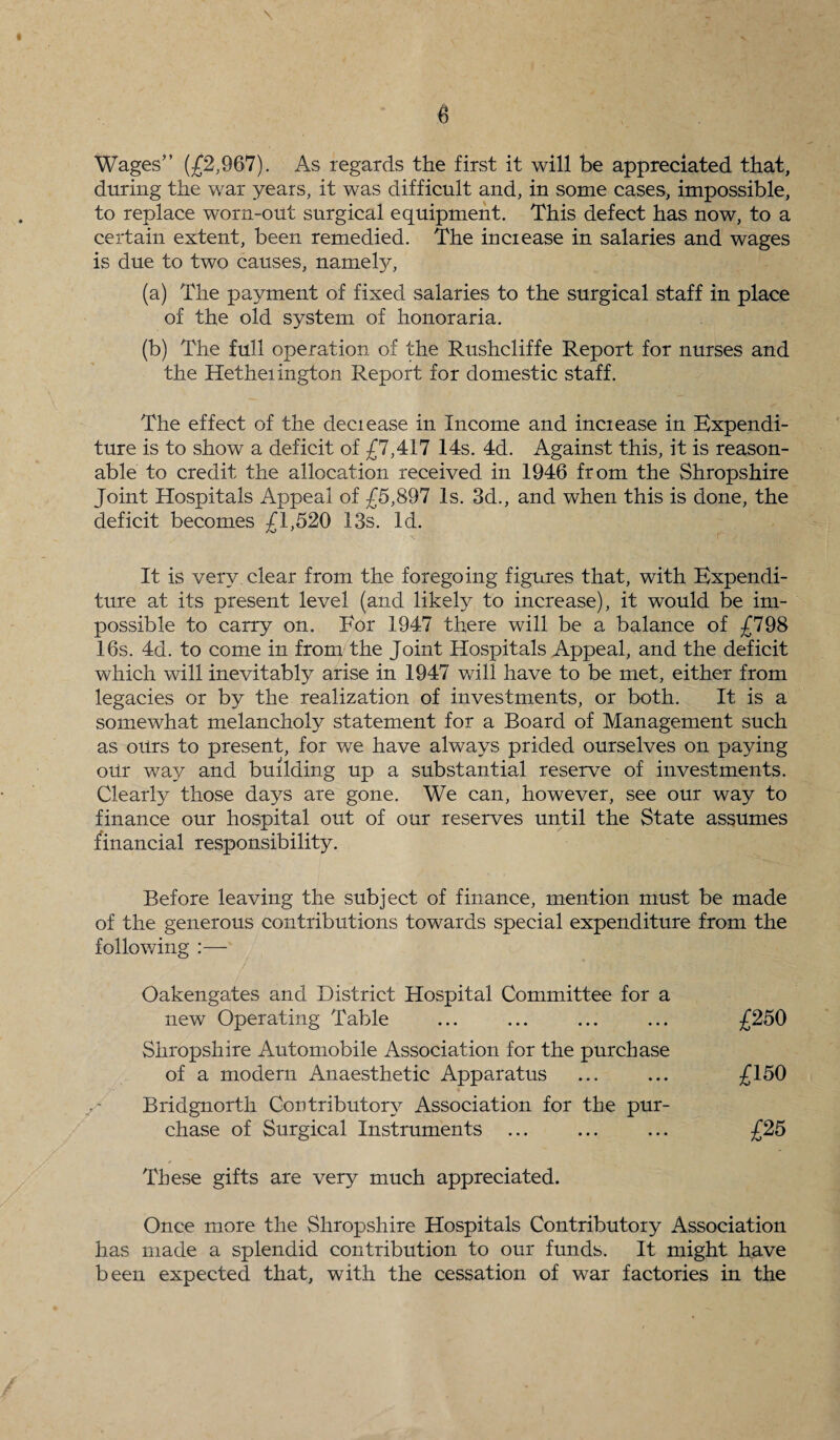 Wages” (£2,967). As regards the first it will be appreciated that, during the war years, it was difficult and, in some cases, impossible, to replace worn-out surgical equipment. This defect has now, to a certain extent, been remedied. The increase in salaries and wages is due to two causes, namely, (a) The payment of fixed salaries to the surgical staff in place of the old system of honoraria. (b) The full operation of the Rushcliffe Report for nurses and the Hetheiington Report for domestic staff. The effect of the deciease in Income and inciease in Expendi¬ ture is to show a deficit of £7,417 14s. 4d. Against this, it is reason¬ able to credit the allocation received in 1946 from the Shropshire Joint Hospitals Appeal of £5,897 Is. 3d., and when this is done, the deficit becomes £1,520 13s. Id. It is very clear from the foregoing figures that, with Expendi¬ ture at its present level (and likely to increase), it would be im¬ possible to carry on. For 1947 there will be a balance of £798 16s. 4d. to come in from the Joint Hospitals Appeal, and the deficit which will inevitably arise in 1947 will have to be met, either from legacies or by the realization of investments, or both. It is a somewhat melancholy statement for a Board of Management such as oiirs to present, for we have always prided ourselves on paying oUr way and building up a substantial reserve of investments. Clearly those days are gone. We can, however, see our way to finance our hospital out of our reserves until the State assumes financial responsibility. Before leaving the subject of finance, mention must be made of the generous contributions towards special expenditure from the following :— Oakengates and District Hospital Committee for a new Operating Table ... ... ... ... £250 Shropshire Automobile Association for the purchase of a modern Anaesthetic Apparatus ... ... £150 Bridgnorth Contributory Association for the pur¬ chase of Surgical Instruments ... ... ... £25 These gifts are very much appreciated. Once more the Shropshire Hospitals Contributory Association has made a splendid contribution to our funds. It might have been expected that, with the cessation of war factories in the