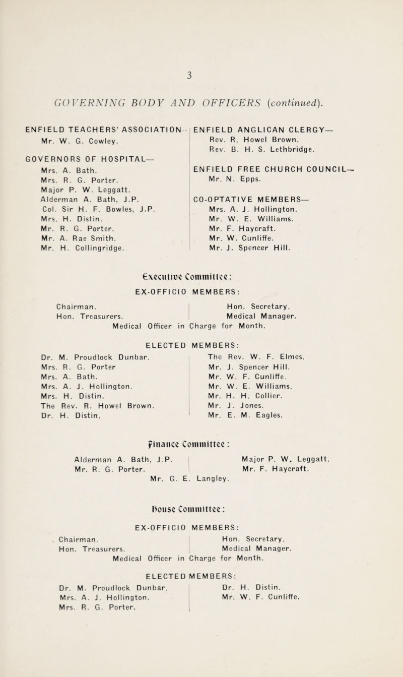 GOVERNING BODY AND OFFICERS (continued). ENFIELD TEACHERS’ ASSOCIATION - Mr. W. G. Cowley. GOVERNORS OF HOSPITAL— Mrs. A. Bath. Mrs. R. G. Porter. Major P. W. Leggatt. Alderman A. Bath, J.P. Col. Sir H. F. Bowles, J.P. Mrs. H. Distin. Mr. R. G. Porter. Mr. A. Rae Smith. Mr. H. Collingridge. ENFIELD ANGLICAN CLERGY— Rev. R. Howel Brown. Rev. B. H. S. Lethbridge. ENFIELD FREE CHURCH COUNCIL— Mr. N. Epps. CO-OPTATIVE MEMBERS— Mrs. A. J. Hollington. Mr. W. E. Williams. Mr. F. Haycraft. Mr. W. Cunliffe. Mr. J. Spencer Hill. €xecutiue Committee: EX-OFFICIO MEMBERS: Chairman. Hon. Secretary. Hon. Treasurers. Medical Manager. Medical Officer in Charge for Month. ELECTED MEMBERS: Dr. M. Proudlock Dunbar. Mrs. R. G. Porter Mrs. A. Bath. Mrs. A. J. Hollington. Mrs. H. Distin. The Rev. R. Howel Brown. Dr. H. Distin. The Rev. W. F. Elmes. Mr. J. Spencer Hill. Mr. W. F. Cunliffe. Mr. W. E. Williams. Mr. H. H. Collier. Mr. J. Jones. Mr. E. M. Eagles. finance Committee: Alderman A. Bath, J.P. Major P. W. Leggatt. Mr. R. G. Porter. Mr. F. Haycraft. Mr. G. E. Langley. fiouse Committee: EX-OFFICIO MEMBERS: Chairman. Hon. Secretary. Hon. Treasurers. Medical Manager. Medical Officer in Charge for Month. ELECTED MEMBERS: Dr. M. Proudlock Dunbar. Dr. H. Distin. Mrs. A. J. Hollington. Mr. W. F. Cunliffe. Mrs. R. G. Porter,