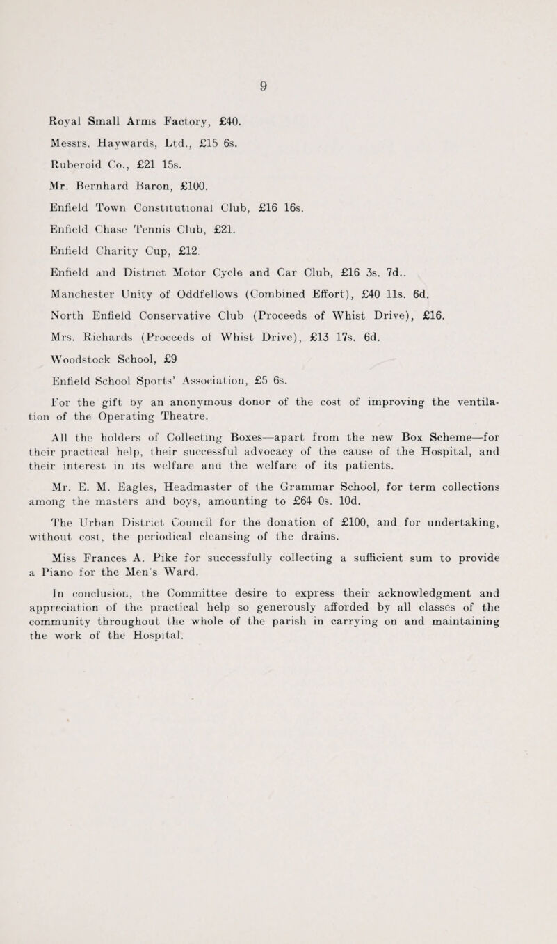 Royal Small Arms Factory, £40. Messrs. Haywards, Ltd., £15 6s. Ruberoid Co., £21 15s. Mr. Bernhard Baron, £100. Enfield Town Constitutional Club, £16 16s. Enfield Chase Tennis Club, £21. Enfield Charity Cup, £12. Enfield and District Motor Cycle and Car Club, £16 3s. 7d.. Manchester Unity of Oddfellows (Combined Effort), £40 11s. 6d. North Enfield Conservative Club (Proceeds of Whist Drive), £16. Mrs. Richards (Proceeds of Whist Drive), £13 17s. 6d. Woodstock School, £9 Enfield School Sports’ Association, £5 6s. For the gift by an anonymous donor of the cost of improving the ventila¬ tion of the Operating Theatre. All the holders of Collecting Boxes—apart from the new Box Scheme—for their practical help, their successful advocacy of the cause of the Hospital, and their interest in its welfare and the welfare of its patients. Mr. E. M. Eagles, Headmaster of the Grammar School, for term collections among the masters and boys, amounting to £64 Os. lOd. The Urban District Council for the donation of £100, and for undertaking, without cost, the periodical cleansing of the drains. Miss Frances A. Pike for successfully collecting a sufficient sum to provide a Piano for the Men's Ward. In conclusion, the Committee desire to express their acknowledgment and appreciation of the practical help so generously afforded by all classes of the community throughout the whole of the parish in carrying on and maintaining the work of the Hospital.