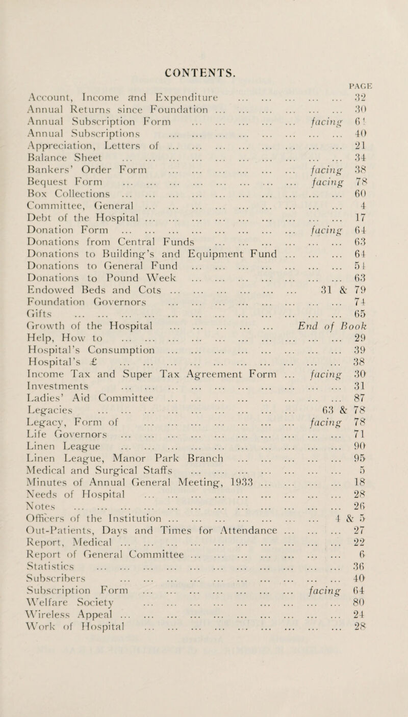 CONTENTS. Account, Income and Expenditure PAG I . .3*2 Annual Returns since Foundation ... • • • • • • . .30 Annual Subscription Form . • • • • • • facing 6! Annual Subscriptions . • • • • • . ... ... 40 Appreciation, Letters of .. • • • • • • . 21 Balance Sheet . • • • • • • . .34 Bankers’ Order Form . • • • • • • facing .38 Bequest Form . ... ... facing 78 Box Collections . • • • • • . . 60 Committee, General . ... ... . 4 Debt of the Hospital. ... • • . . 17 Donation Form . • • • ... facing 64 Donations from Central Funds ... • • • .. 63 Donations to Building’s and Equipment Fund . 64 Donations to General Fund . ... . . . . 51 Donations to Pound Week . ... ... . 6.3 Endowed Beds and Cots . ... • • • .31 & 79 Foundation Governors . ... ... . 74 Gifts . ... • • • . 65 Growth of the Hospital . ... ... End of Book Help, How to . ... • • • . 29 Hospital’s Consumption . ... ... . 39 Hospital’s £ . ... ... . 38 Income Tax and Super Tax Agreement Form facing 30 Investments . ... ... ... .. .31 Ladies’ Aid Committee . ... ... . 87 Legacies . ... ... 63 & 78 Legacy, Form of . ... • • • facing 78 Life Governors . ... • • • .. 71 Linen League . ... ... . 90 Linen League, Manor Park Branch ... ... . 95 Medical and .Surgical Staffs . ... ... . 5 Minutes of Annual General Meeting, 19.3.3 ... . 18 Needs of Hospital . ... ... . 28 Notes . ... ... . 26 Officers of the Institution. ... ... . 4 & 5 Out-Patients, Days and Times for Attendance . 27 Report, Medical . ... ... . 22 Report of General Committee. ... ... . 6 Statistics . ... ... . 36 Subscribers . . 0 . ... . 40 Subscription Form . ... ... facing 64 Welfare Society . ... ... .. 80 Wireless Appeal. ... ... . 24 Work of Hospital . ... ... 28