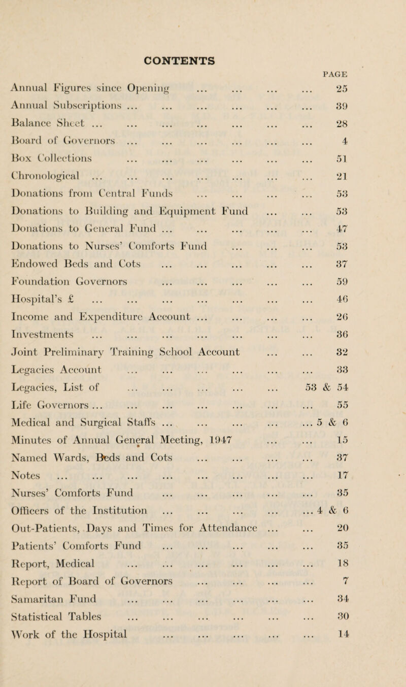 CONTENTS PAGE Annual Figures since Opening ... ... ... ... 25 Annual Subscriptions ... ... ... ... ... ... 39 Balance Sheet ... ... ... ... ... ... ... 28 Board of Governors ... ... ... ... ... ... 4 Box Collections ... ... ... ... ... ... 51 Chronological ... ... ... ... ... ... ... 21 Donations from Central Funds ... ... ... ... 53 Donations to Building and Equipment Fund ... ... 53 Donations to General Fund ... ... ... ... ... 47 Donations to Nurses’ Comforts Fund ... ... ... 53 Endowed Beds and Cots ... ... ... ... ... 37 Foundation Governors ... ... ... ... ... 59 Hospital’s £ ... ... ... ... ... ... ... 46 Income and Expenditure Account ... ... ... ... 26 Investments ... ... ... ... ... ... ... 36 Joint Preliminary Training School Account ... ... 32 Legacies Account ... ... ... ... ... ... 33 Legacies, List of ... ... ... ... ... 53 & 54 Life Governors ... ... ... ... ... ... ... 55 Medical and Surgical Staffs ... ... ... ... ... 5 & 6 Minutes of Annual General Meeting, 1947 ... ... 15 Named Wards, Beds and Cots ... ... ... ... 37 17 a l \7 LCiJ ••• ••• ••• ••• ••• ••• ••• ••• jL# Nurses’ Comforts Fund ... ... ... ... ... 35 Officers of the Institution ... ... ... ... ... 4 & 6 Out-Patients, Days and Times for Attendance ... ... 20 Patients’ Comforts Fund ... ... ... ... ... 35 Report, Medical ... ... ... ... ... ... 18 Report of Board of Governors ... ... ... ... 7 Samaritan Fund ... ... ... ... ... ... 34 Statistical Tables ... ... ... ... ... ... 80 Work of the Hospital ... ... ... ... ... 14