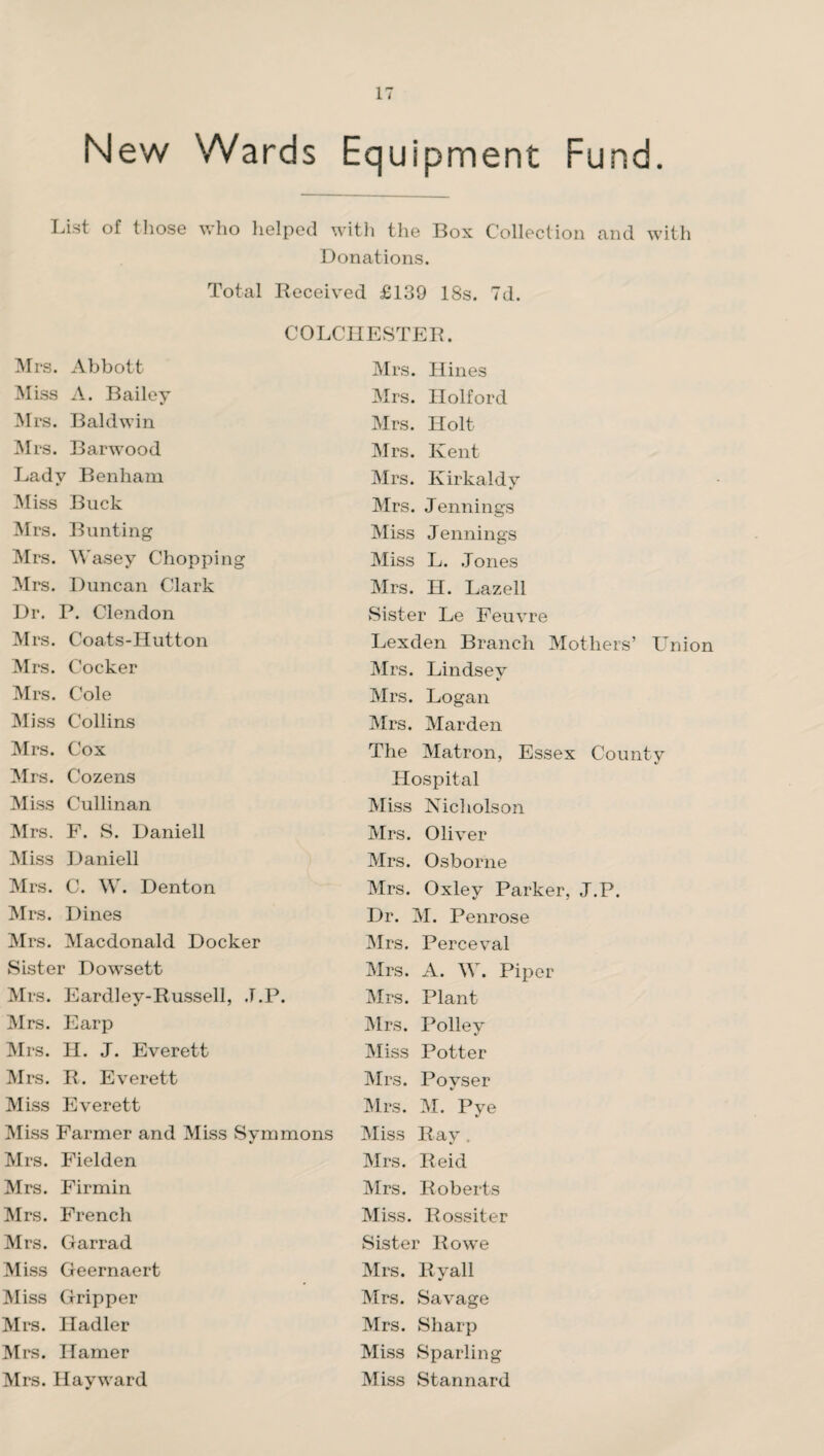 New Wards Equipment Fund. List of those who helped with the Box Collection and with Donations. Total Received £139 18s. 7d. COLCHESTER. Mrs. Abbott Miss A. Bailey Mrs. Baldwin Mrs. Barwood Lady Ben ham Miss Buck Mrs. Bunting Mrs. Wasey Chopping Mrs. Duncan Clark Dr. P. Clendon Mrs. Coats-Hutton Mrs. Cocker Mrs. Cole Miss Collins Mrs. Cox Mrs. Cozens Miss Cullinan Mrs. F. S. Daniell Miss Daniell Mrs. C. W. Denton Mrs. Dines Mrs. Macdonald Docker Sister Dowsett Mrs. Eardley-Russell, .T.P. Mrs. Earp Mrs. Id. J. Everett Mrs. R. Everett Miss Everett Miss Farmer and Miss Symmons Mrs. Fielden Mrs. Firmin Mrs. French Mrs. Garrad Miss Geernaert Miss Gripper Mrs. Iladler Mrs. ITamer Mrs. Hayward Mrs. Hines Mrs. Holford Mrs. Holt Mrs. Kent Mrs. Kirkaldy Mrs. Jennings Miss Jennings Miss L. Jones Mrs. H. Lazell Sister Le Feuvre Lexden Branch Mothers’ Union Mrs. Lindsev V Mrs. Logan Mrs. Mar den The Matron, Essex County Hospital Miss Nicholson Mrs. Oliver Mrs. Osborne Mrs. Oxley Parker, J.P. Dr. M. Penrose Mrs. Perceval Mrs. A. W. Piper Mrs. Plant Mrs. Polley Miss Potter Mrs. Poyser Mrs. M. Pye Miss Ray . Mrs. Reid Mrs. Roberts Miss. Rossiter Sister Rowe Mrs. Ryall Mrs. Savage Mrs. Sharp Miss Sparling Miss Stannard