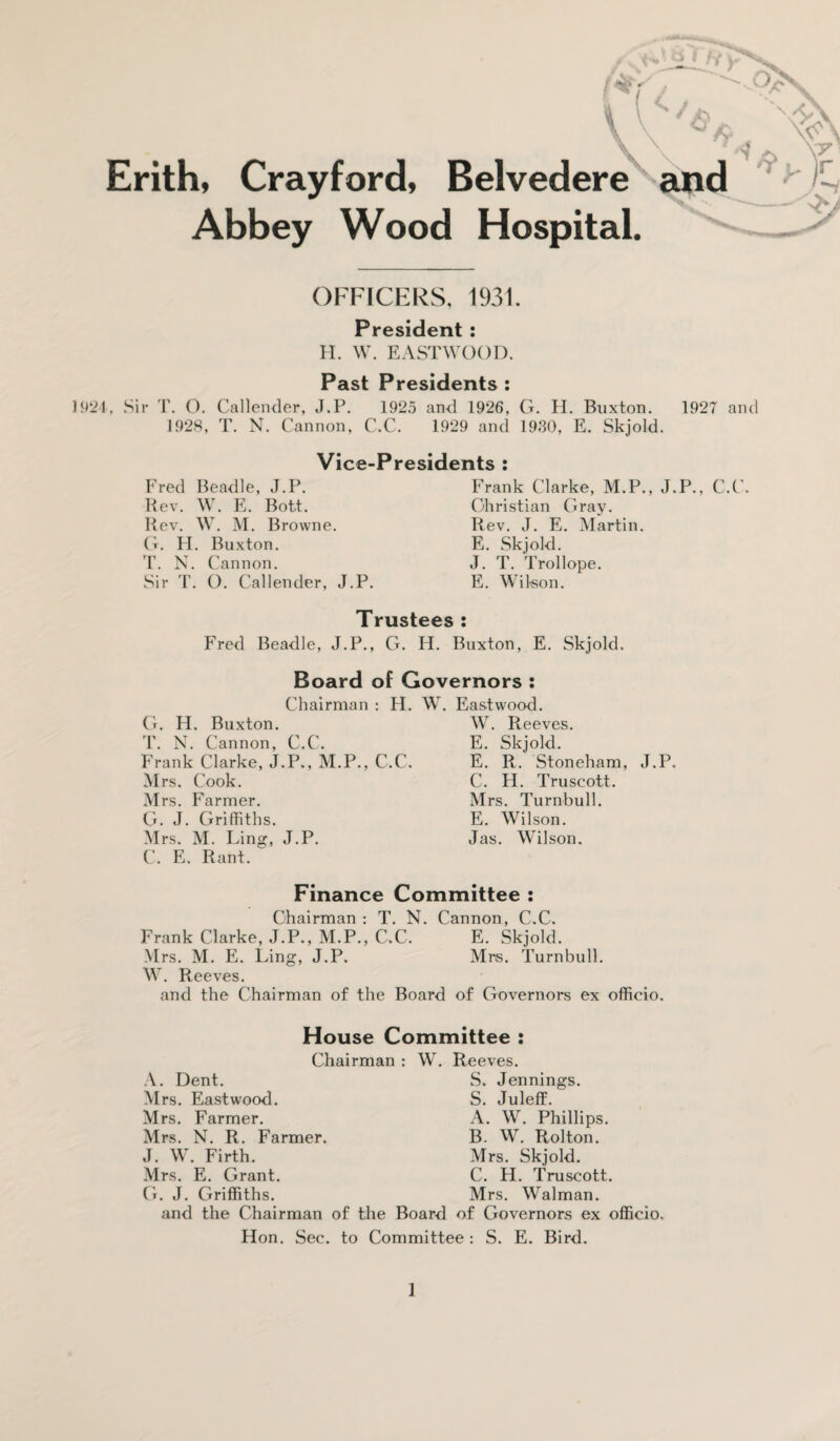 Abbey Wood Hospital. OFFICERS, 1931. President : H. W. EASTWOOD. Past Presidents : 1924, Sir T. O. Callender, J.P. 1925 and 1926, G. H. Buxton. 1927 and 1928, T. N. Cannon, C.C. 1929 and 1930, E. Skjold. Vice-Presidents Fred Beadle, J.P. Rev. W. E. Bott. Rev. W. M. Browne. G. H. Buxton. T. N. Cannon. Sir T. O. Callender, J.P. Frank Clarke, M.P., J.P., C.C. Christian Gray. Rev. J. E. Martin. E. Skjold. J. T. Trollope. E. Wilson. Trustees : Fred Beadle, J.P., G. H. Buxton, E. Skjold. Board of Governors : Chairman : H. W. Eastwood. G. H. Buxton. T. N. Cannon, C.C. Frank Clarke, J.P., M.P., C.C M rs. Cook. Mrs. Farmer. G. J. Griffiths. Mrs. M. Ling, J.P. C. E. Rant. W. Reeves. E. Skjold. E. R. Stoneham, J.P. C. H. Truscott. Mrs. Turnbull. E. Wilson. Jas. Wilson. Finance Committee : Chairman : T. N. Cannon, C.C. Frank Clarke, J.P., M.P., C.C. E. Skjold. Mrs. M. E. Ling, J.P. Mrs. Turnbull. W. Reeves. and the Chairman of the Board of Governors ex officio. House Committee : Chairman : W. Reeves. A. Dent. S. Jennings. Mrs. Eastwood. S. Juleff. Mrs. Farmer. A. W. Phillips. Mrs. N. R. Farmer. B. W. Rolton. J. W. Firth. Mrs. Skjold. Mrs. E. Grant. C. H. Truscott. G. J. Griffiths. Mrs. Walman. and the Chairman of the Board of Governors ex officio. Hon. Sec. to Committee : S. E. Bird. . ^