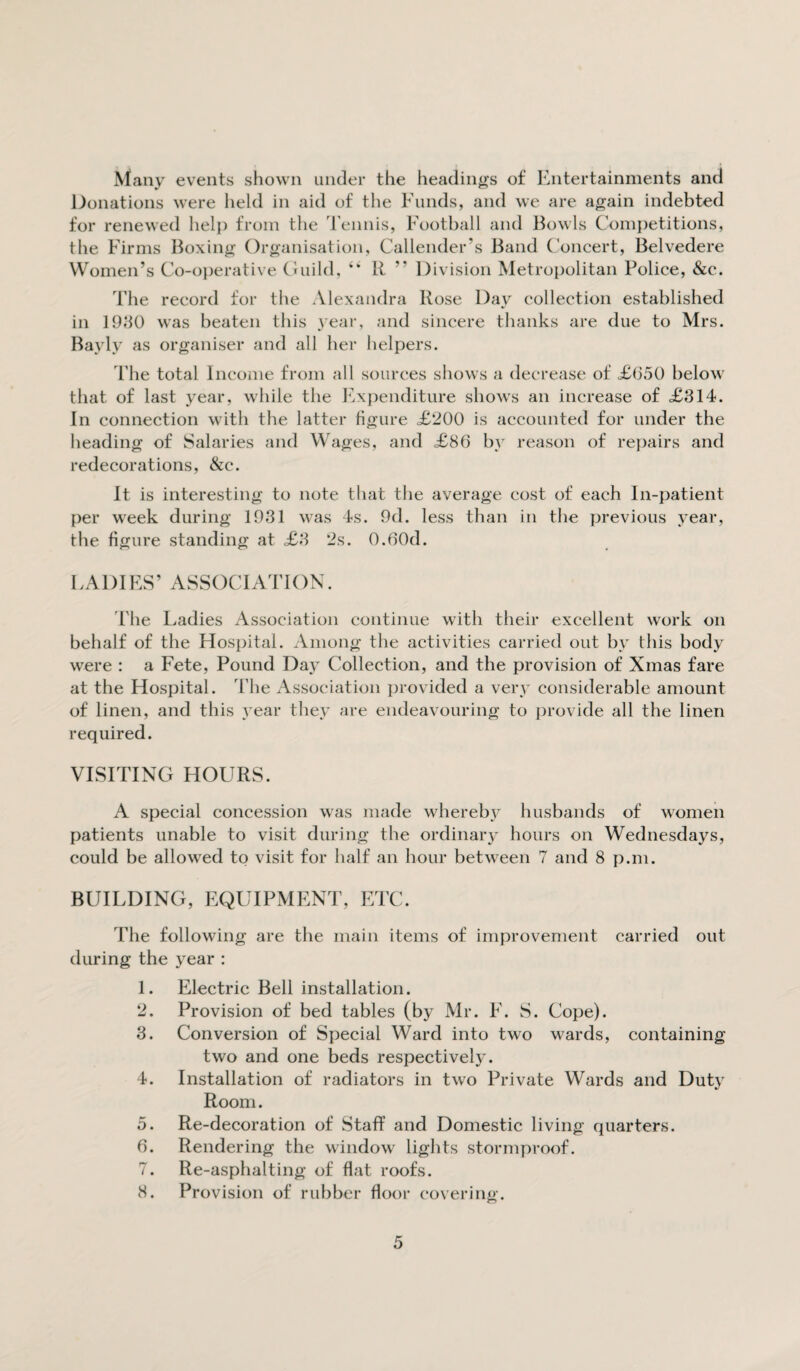 Many events shown under the headings of Entertainments and Donations were held in aid of the Funds, and we are again indebted for renewed help from the Tennis, Football and Bowls Competitions, the Firms Boxing Organisation, Callender’s Band Concert, Belvedere Women’s Co-operative Guild, 4* R ” Division Metropolitan Police, &c. The record for the Alexandra Rose Day collection established in 1930 was beaten this year, and sincere thanks are due to Mrs. Bayly as organiser and all her helpers. The total Income from all sources shows a decrease of £650 below that of last year, while the Expenditure shows an increase of <£314. In connection with the latter figure £200 is accounted for under the heading of Salaries and Wages, and £86 by reason of repairs and redecorations, &c. It is interesting to note that the average cost of each In-patient per week during 1931 was 4s. 9d. less than in the previous year, the figure standing at £3 2s. 0.60d. LADIES’ ASSOCIATION. 'File Ladies Association continue with their excellent work on behalf of the Hospital. Among the activities carried out by this body were : a Fete, Pound Day Collection, and the provision of Xmas fare at the Hospital. The Association provided a very considerable amount of linen, and this year they are endeavouring to provide all the linen required. VISITING HOURS. A special concession was made whereby husbands of women patients unable to visit during the ordinary hours on Wednesdays, could be allowed to visit for half an hour between 7 and 8 p.m. BUILDING, EQUIPMENT, ETC. The following are the main items of improvement carried out during the year : 1. Electric Bell installation. 2. Provision of bed tables (by Mr. F. S. Cope). 3. Conversion of Special Ward into two wards, containing two and one beds respectively. 4. Installation of radiators in two Private Wards and Duty Room. 5. Re-decoration of Staff and Domestic living quarters. 6. Rendering the window lights stormproof. 7. Re-asphalting of flat roofs. 8. Provision of rubber floor covering.