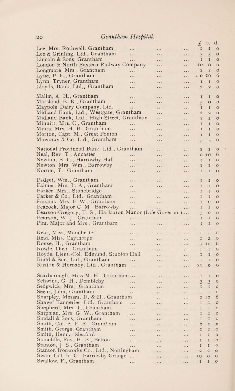 Lee, Mrs. Rothwell. Grantham Lee & Grinling, Ltd., Grantham Lincoln & Sons, Grantham London & North Eastern Railway Company Longmore, Mrs , Grantham Lyne, P. E., Grantham Lynn, Tryner, Grantham Lloyds, Bank, Ltd,, Grantham £ s- ri- ii o 3 3 0 1 1 o 10 o o 2 2 0 » O IO 6 1 I o 2 2 0 Malim, A. H., Grantham Marsland, E. K , Grantham Maypole Dairy Company, Ltd. Midland Bank, Ltd., Westgate, Grantham Midland Bank, Ltd.. High Street, Grantham Minnitt, Mrs. C., Grantham Minta, Mrs. H. B., Grantham Morton, Capt. M., Great Ponton Mowbray & Co. Ltd., Grantham 1 1 o 500 1 1 o 220 220 1 1 o r 1 o r 1 o 5 5 0 National Provincial Bank, Ltd , Grantham Neal, Rev, T , Ancaster Newton, E. C., Harrowby Hall Newton, Mrs. Wm., Barrowby Norton, T., Grantham 220 o 10 6 1 1 o 1 1 o r 1 o Padget, Wm., Grantham Palmer, Mrs, T. A , Grantham Parker, Mrs,. Stonebridge Parker & Co., Ltd., Grantham Parsons. Mrs. F. W., Grantham Peacock, Major C M , Barrowby Pearson-Gregory, T. S., Harlaxton M Pearson, W. ].. Grantham Pim, Major and Mrs , Grantham anor (Life overnor) 1 1 o I I o i r o 1 1 o 100 1 1 o 500 1 1 o I I o Rear, Miss, Manchester Reid, Miss, Caythorpe Rouse, H., Grantham Rowle, Theo., Grantham Royds, Lieut.-Col Edmund, Stubton Rudd & Son, Ltd., Grantham Ruston & Hornsby, Ltd , Grantham Hall 110 220 o 10 6 1 1 o 1 1 o 1 1 o 2000 Scarborough, Miss M. H., Grantham... Schwind, G H., Dembleby Sedgwick, Mrs., Grantham Segar, John, Grantham Sharpley, Messrs. I). & H , Grantham Shaws' Tanneries, Ltd., Grantham Shepherd, Mrs. T., Grantham Shipman, Mrs. G. W., Grantham Sindall & Sons, Gtantham Smith, Col. A. F. E., Grantham Smith, George, Grantham Smith, Henry, Sleaford Stancliffe, Rev. H. E., Belton Stanton, J. S., Grantham Stanton Ironworks Co., Ltd., Nottingham Swan, Col. R. C., Barrowby Grange ... 1 1 o 3 3 0 I I o I I o 010 6 1 1 o 1 1 o 1 1 o 1 1 o 200 1 1 o 1 1 o 1 1 o 1 1 o 220 10 o o