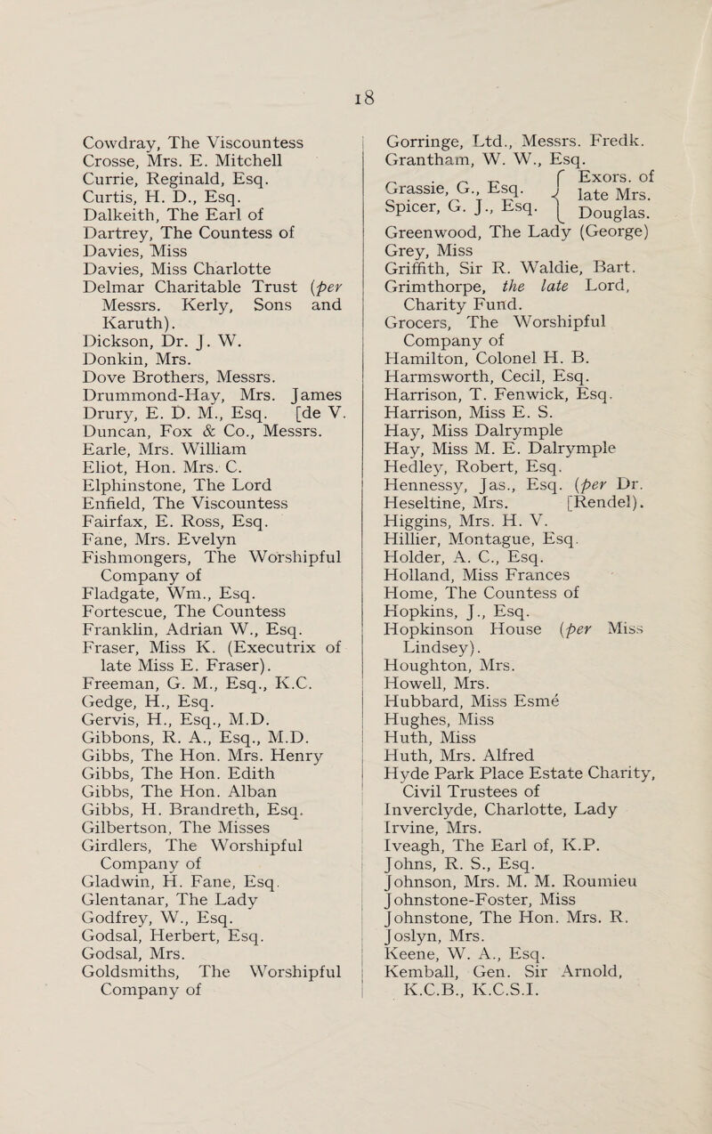 Cowdray, The Viscountess Crosse, Mrs. E. Mitchell Currie, Reginald, Esq. Curtis, H. D., Esq. Dalkeith, The Earl of Dartrey, The Countess of Davies, Miss Davies, Miss Charlotte Delmar Charitable Trust (per Messrs. Kerly, Sons and Karuth). Dickson, Dr. J. W. Donkin, Mrs. Dove Brothers, Messrs. Drummond-Hay, Mrs. James Drury, E. D. M., Esq. [de V. Duncan, Fox & Co., Messrs. Earle, Mrs. William Eliot, Hon. Mrs. C. Elphinstone, The Lord Enfield, The Viscountess Fairfax, E. Ross, Esq. Fane, Mrs. Evelyn Fishmongers, The Worshipful Company of Fladgate, Wrn., Esq. Fortescue, The Countess Franklin, Adrian W., Esq. Fraser, Miss K. (Executrix of late Miss E. Fraser). Freeman, G. M., Esq., K.C. Gedge, H., Esq. Gervis, H., Esq., M.D. Gibbons, R. A., Esq., M.D. Gibbs, The Hon. Mrs. Henry Gibbs, The Hon. Edith Gibbs, The Hon. Alban Gibbs, H. Brandreth, Esq. Gilbertson, The Misses Girdlers, The Worshipful Company of Gladwin, H. Fane, Esq. Glentanar, The Lady Godfrey, W., Esq. Godsal, Herbert, Esq. Godsal, Mrs. Goldsmiths, The Worshipful Company of Gorringe, Ltd., Messrs. Fredk. Grantham, W. W., Esq. . f Exors. of Grassie, G. Esq. J late Mrs Spicer, G. J., Esq. ^ Douglas. Greenwood, The Lady (George) Grey, Miss Griffith, Sir R. Waldie, Bart. Grimthorpe, the late Lord, Charity Fund. Grocers, The Worshipful Company of Hamilton, Colonel H. B. Harmsworth, Cecil, Esq. Harrison, T. Fenwick, Esq, Harrison, Miss E. S. Hay, Miss Dalrymple Hay, Miss M. E. Dalrymple Hedley, Robert, Esq. Hennessy, Jas., Esq. (per Dr. Heseltine, Mrs. [Rendel). Higgins, Mrs. H. V. Hillier, Montague, Esq. Holder, A. C., Esq. Holland, Miss Frances Home, The Countess of Hopkins, J., Esq. Hopkinson House (per Miss Lindsey). Houghton, Mrs. Howell, Mrs. Hubbard, Miss Esme Hughes, Miss Huth, Miss Huth, Mrs. Alfred Hyde Park Place Estate Charity, Civil Trustees of Inverclyde, Charlotte, Lady Irvine, Mrs. Iveagh, The Earl of, K.P. Johns, R. S., Esq. Johnson, Mrs. M. M. Roumieu Johnstone-Foster, Miss Johnstone, The Hon. Mrs. R. Joslyn, Mrs. Keene, W. A., Esq. Kemball, Gen. Sir Arnold, K.C.B., K.C.S.I.