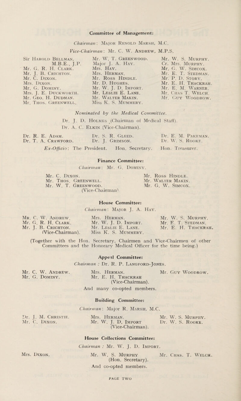 Committee of Management: Chairman-. Major Renold Marsh, M.C. Vice-Chairman: Mr. C. W. Andrew, M.P.S. Sir Harold Bellman, M.B.E., J.P. Mr. G. R. H. Clark. Mr. J. B. Crichton. Mr. C. Dixon. Mrs. Dixon. Mr. G. Do min'y. Mrs. J. E. Duckworth. Mr. Geo. H. Dudman. Mr. Thos. Greenwell. Mr. W. T. Greenwood. Major J. A. Hay. Mrs. Hay. Mrs. Herman. Mr. Ross Hindle. Mr. D. Hughes. Mr. W. j. D. Import. Mr. Leslie E. Lane. Mr. Walter Makin. Miss K. S. Mummery. Mr. W. S. Murphy. Cr. Mrs. Murphy. Mr. G. W. Simcox. Mr. E. T. Stedman. Mr. P. D. Story. Mr. E. H. Thackrah. Mr. E. M. Warner. Mr. Chas T. Welch. Mr. Guy Woodrow. Nominated by the Medical Committee. Dr. J. D. Holmes (Chairman of Medical Staff). Dr. A. C. Elkin (Vice-Chairman). Dr. R. E. Adam. Dr. S. R. Gleed. Dr. E. M. Pakeman. Dr. T. A. Crawford. Dr. J. Crimson. Dr. W. S. Rookf. Ex-Officio: The President. Hon. Secretary. Hon. Treasurer. Finance Committee: Chairman: Mr. G. Dominy. Mr. C. Dixon. Mr. Thos. Greenwell. Mr. W. T. Greenwood. (Vice- Chairman 1 Mr. Ross Hindle. Mr. Walter Makin. Mr. G. W. Simcox. House Committee: Chairman: Major J. A. Hay. Mr. C. W. Andrew. Mrs. Herman. Mr. W. S. Murphy. Mr. G. R. H. Clark. Mr. W. J. D. Import. Mr. E. T. Stedman. Mr. J. B. Crichton. Mr. Leslie E. Lane. Mr. E. H. Thackrah. (Vice-Chairman). Miss K. S. Mummery. (Together with the Hon. Secretary, Chairmen and Vice-Chairmen of other Committees and the Honorary Medical Officer for the time being.) Appeal Committee: Chairman : Dr. R. P. Langford-Jones. Mrs. Herman. Mr. Guy Woodrow. Mr. E. H. Thackrah (Vice-Chairman). And many co-opted members. Building Committee: Chairman: Major R. Marsh, M.C. Mrs. Herman. Mr. W. S. Murphy. Mr. W. J. D. Import Dr. W. S. Rooke. (Vice-Chairman). House Collections Committee: Chairman : Mr. W. J. D. Import. Mr. W. S. Murphy Mr. Chas. T. Welch. (Hon. Secretary). And co-opted members. Mr. C. W. Andrew. Mr. G. Dominy. Dr. J. M. Christie. Mr. C. Dixon. Mrs. Dixon. page TWO