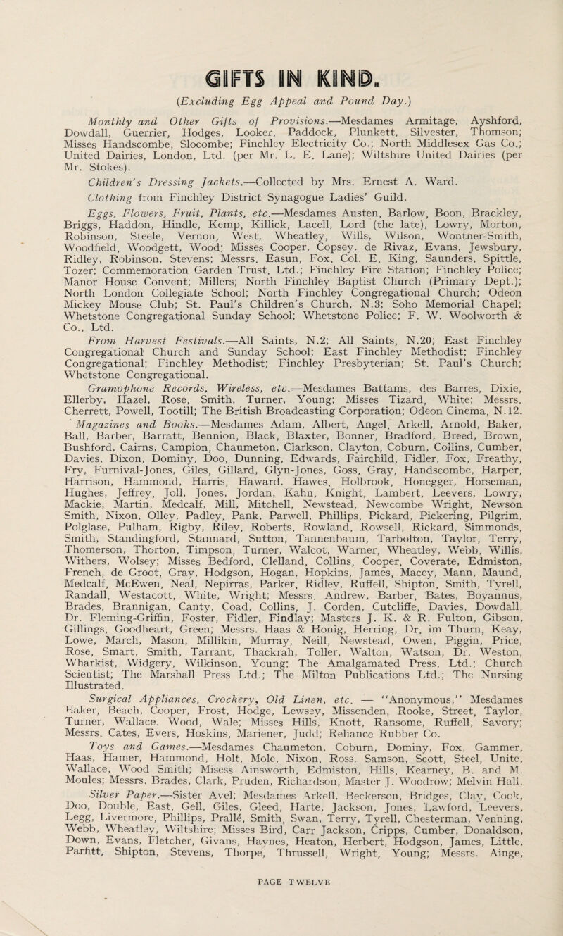 (.Excluding Egg Appeal and Pound Day.) Monthly and Other Gifts of Provisions.—Mesdames Armitage, Ayshford, Dowdall, Guerrier, Hodges, Looker, Paddock, Plunkett, Silvester, Thomson; Misses Handscombe, Slocombe; Finchley Electricity Co.; North Middlesex Gas Co.; United Dairies, London, Ltd. (per Mr. L. E. Lane); Wiltshire United Dairies (per Mr. Stokes). Children s Dressing Jackets.—Collected by Mrs. Ernest A. Ward. Clothing from Finchley District Synagogue Ladies’ Guild. Eggs, Flowers, Fruit, Plants, etc.—Mesdames Austen, Barlow, Boon, Brackley, Briggs, Haddon, Hindle, Kemp, Killick, Lacell, Lord (the late), Lowry, Morton, Robinson, Steele, Vernon, West, Wheatley, Wills, Wilson, Wontner-Smith, Woodfield, Woodgett, Wood; Misses Cooper, Copsey. de Rivaz, Evans, Jewsbury, Ridley, Robinson, Stevens; Messrs. Easun, Fox, Col. E. King, Saunders, Spittle, Tozer; Commemoration Garden Trust, Ltd.; Finchley Fire Station; Finchley Police; Manor House Convent; Millers; North Finchley Baptist Church (Primary Dept.); North London Collegiate School; North Finchley Congregational Church; Odeon Mickey Mouse Club; St. Paul’s Children’s Church, N.3; Soho Memorial Chapel; Whetstone Congregational Sunday School; Whetstone Police; F. W. Woolworth & Co., Ltd. From Harvest Festivals.—All Saints, N.2; All Saints, N.20; East Finchley Congregational Church and Sunday School; East Finchley Methodist; Finchley Congregational; Finchley Methodist; Finchley Presbyterian; St. Paul’s Church; Whetstone Congregational. Gramophone Records, Wireless, etc.-—Mesdames Battams, des Barres, Dixie, Ellerby, Hazel, Rose, Smith, Turner, Young; Misses Tizard, White; Messrs. Cherrett, Powell, Tootill; The British Broadcasting Corporation; Odeon Cinema, N.12. Magazines and Books.—Mesdames Adam, Albert, Angel, Arkell, Arnold, Baker, Ball, Barber, Barratt, Bennion, Black, Blaxter, Bonner, Bradford, Breed, Brown, Bushford, Cairns, Campion, Chaumeton, Clarkson, Clayton, Coburn, Collins, Cumber, Davies, Dixon, Dominy, Doo, Dunning, Edwards, Fairchild, Fidler, Fox, Freathy, Fry, Furnival-Jones, Giles, Gillard, Glyn-Jones, Goss, Gray, Handscombe, Harper, Harrison, Hammond, Harris, Haward, Hawes, Holbrook, Honegger, Horseman, Hughes, Jeffrey, Joll, Jones, Jordan, Kahn, Knight, Lambert, Leevers, Lowry, Mackie, Martin, Medcalf, Mill, Mitchell, Newstead, Newcombe Wright, Newson Smith, Nixon, Olley, Padley, Pank, Parwell, Phillips, Pickard, Pickering, Pilgrim, Polglase, Pulham, Rigby, Riley, Roberts, Rowland, Rowsell, Rickard, Simmonds, Smith, Standingford, Stannard, Sutton, Tannenbaum, Tarbolton, Taylor, Terry, Thomerson, Thorton, Timpson, Turner, Walcot, Warner, Wheatley, Webb, Willis, Withers, Wolsey; Misses Bedford, Clelland, Collins, Cooper, Coverate, Edmiston, French, de Groot, Gray, Hodgson, Hogan, Hopkins, James, Macey, Mann, Maund, Medcalf, McEwen, Neal, Nepirras, Parker, Ridley, Ruffell, Shipton, Smith, Tyrell, Randall, Westacott, White, Wright; Messrs. Andrew, Barber, Bates, Boyannus, Brades, Brannigan, Canty, Coad, Collins, J. Corden, Cutcliffe, Davies, Dowdall, Dr. Fleming-Griffin, Foster, Fidler, Findlay; Masters J. K. & R. Fulton, Gibson, Gillings, Goodheart, Green; Messrs. Haas & Honig, Herring, Dr. im Thum, Keay, Lowe, March, Mason, Millikin, Murray, Neill, Newstead, Owen, Piggin, Price, Rose, Smart, Smith, Tarrant, Thackrah, Toller, Walton, Watson, Dr. Weston, Wharkist, Widgery, Wilkinson, Young; The Amalgamated Press, Ltd.; Church Scientist; The Marshall Press Ltd.; The Milton Publications Ltd.; The Nursing Illustrated. Surgical Appliances, Crockery, Old Linen, etc. — “Anonymous,” Mesdames Baker, Beach, Cooper, Frost, Hodge, Lewsey, Missenden, Rooke, Street, Taylor, Turner, Wallace. Wood, Wale; Misses Hills, Knott, Ransome, Ruffell, Savory; Messrs. Cates, Evers, Hoskins, Mariener, Judd; Reliance Rubber Co. Toys and Games.—Mesdames Chaumeton, Coburn, Dominy, Fox, Gammer, Haas, Hamer, Hammond, Holt, Mole, Nixon, Ross, Samson, Scott, Steel, Unite, Wallace, Wood Smith; Misess Ainsworth, Edmiston, Hills, Kearney, B. and M. Moules; Messrs. Brades, Clark, Pruden, Richardson; Master J. Woodrow; Melvin Hall. Silver Paper.—Sister Avel; Mesdames Arkell, Beckerson, Bridges, Clay, Cook, Doo, Double, East, Gell, Giles, Gleed, Harte, Jackson, Jones, Lawford, Leevers, Legg, Livermore, Phillips, Pralle, Smith, Swan, Terry, Tyrell, Chesterman, Venning, Webb, Wheatley, Wiltshire; Misses Bird, Carr Jackson, Cripps, Cumber, Donaldson, Down, Evans, Fletcher, Givans, Haynes, Heaton, Herbert, Hodgson, James, Little, Parfitt, Shipton, Stevens, Thorpe, Thrussell, Wright, Young; Messrs. Ainge, PAGE TWELVE