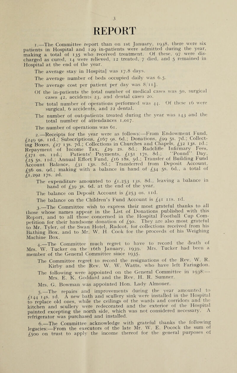 REPORT r.—The Committee report than on ist January, 1938, there were six patients in Hospital and 129 in-patients were admitted during the year, making a total of 135 who received treatment. Of these, 97 were dis¬ charged as cured, 14 were relieved, 12 treated, 7 died, and 5 remained in Hospital at the end of the year. The average stay in Hospital was 17.8 days. The average number of beds occupied daily was 6.3. The average cost per patient per day was 8/1 Of the in-patients the total number of medical cases was 50, surgical cases 42, accidents 23, and dental cases 20. The total number of operations performed was 44. Of these 16 were surgical, b accidents, and 22 dental. The number of out-patients treated during the year was 143 and the total number of attendances 1,017. The number of operations was 61. 2. _Receipts for the year were as follows:—From Endowment Fund, £249 9s. 1 id.; Subscriptions, ^167 9s. 6d.; Donations, £99 5s. yd.) Collect¬ ing Boxes, £27 13s. 7d.; Collections in Churches and Chapels, £32 13s. id.; Repavment ^ of Income Tax, £29 2s. 8d.; Radcliffe Infirmary Fees, £\yi os. iid.; Patients' Payments, ^151 17s. 8d.; “Pound” Day, £23 5s. 1 id.; Annual Effort Fund, £\d 18s. 5d.; Transfer of Building Fund Account Balance, £31 13s. 8d.; Transferred from Deposit Account, £56 os. 9cl.; making with a balance in hand of £33 5s. 6d., a total of £1,292 17s. 2d. The expenditure amounted to £1,253 13s. 8d., leaving a balance in hand of £39 3s. 6d. at the end of the year. The balance on Deposit Account is £253 os. nd. The balance on the Children’s Fund Account is £41 ns. id. 3. _The Committee wish to express their most grateful thanks to all those whose names appear in the List of Donations published with this Report, and to all those concerned in the Hospital Football Cup Com- oetition for their handsome donation of £50. They are also most grateful to Mr. Tyler, of the Swan Hotel, Radcot, for collections received from his Bathing Box, and to Mr. W. H. Cook for the proceeds of his Weighing- Machine Box. 4. The Committee much regret to have to record the death of Mrs. W. Tucker on the 16th January, 1939. Mrs. Tucker had been a member of the General Committee since 1935. The Committee regret to record the resignations of the Rev. W. R. Kirby and the Rev. W. W. Watts, who have left Faringdon. The following were appointed on the General Committee in 1938:— Mrs. E. K. Goddard and the Rev. H. R. Sumner. Mrs. G. Bowman was appointed Hon. Lady Almoner. e The repairs and improvements during the year amounted to ^44 14s. id. A new bath and scullery sink were installed in the Hospital to replace old ones, while the ceilings of the wards and corridors and the kitchen and scullery were redecorated and the exterior of the Hospital painted excepting the north side, which was not considered necessary. A refrigerator was purchased and installed. 6.—The Committee acknowledge with grateful thanks the following legacies:—From the executors of the late Mr. W. E. Pocock the sum ot ^500 on trust to apply the income thereof for the general purposes of