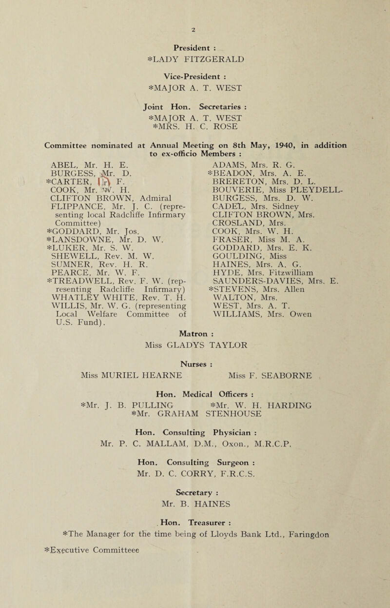 President : *LADY FITZGERALD Vice-President : *MAJOR A. T. WEST Joint Hon. Secretaries : *MAJOR A. T. WEST *MRS. H. C. ROSE Committee nominated at Annual Meeting on 8th May, 1940, in addition to ex-officio Members : ABEL, Mr. H. E. BURGESS, Mr. D. ^CARTER, |lr\ F. COOK, Mr. W. H. CLIFTON BROWN, Admiral FLIPPANCE, Mr. J. C. (repre¬ senting local Radcliffe Infirmary Committee) *GODDARD, Mr. Jos. *LANSDOWNE, Mr. D. W. *LUKER, Mr. S. W. SHEWELL, Rev. M. W. SUMNER, Rev. H. R. PEARCE, Mr. W. F. ^TREADWELL, Rev. F. W. (rep¬ resenting Radcliffe Infirmary) WHATLEY WHITE, Rev. T. H. WILLIS, Mr. W. G. (representing Local Welfare Committee of U.S. Fund). ADAMS, Mrs. R. G. *BEADON, Mrs. A. E. BRERETON, Mrs. D. L. BOUVERIE, Miss PLEYDELL BURGESS, Mrs. D. W. CADEL, Mrs. Sidney CLIFTON BROWN, Mrs. CROSLAND, Mrs. COOK, Mrs. W. H. FRASER, Miss M. A. GODDARD, Mrs. E. K. GOULDING, Miss HAINES, Mrs. A. G. HYDE, Mrs. Fitzwilliam SAUNDERS-DAVIES, Mrs. E. *STEVENS, Mrs. Allen WALTON, Mrs. WEST, Mrs. A. T. WILLIAMS, Mrs. Owen Matron : Miss GLADYS TAYLOR Nurses : Miss MURIEL HEARNE Miss F. SEABORNE Hon. Medical Officers : *Mr. J. B. PULLING *Mr. W. H. HARDING *Mr. GRAHAM STENHOUSE Hon. Consulting Physician : Mr. P. C. MALLAM, D.M., Oxon., M.R.C.P. Hon. Consulting Surgeon : Mr. D. C. CORRY, F.R.C.S. Secretary : Mr. B. HAINES Hon. Treasurer : *The Manager for the time being of Lloyds Bank Ltd., Faringdon '^Executive Committeee