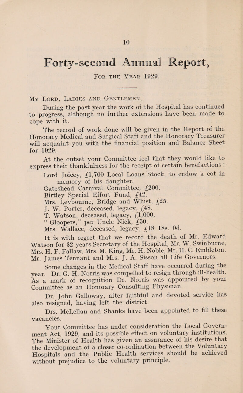 Forty ^second Annual For the Year 1929. My Ford, Fadies and Genteemen, During the past year the work of the Hospital has continued to progress, although no further extensions have been made to cope with it. The record of work done will be given in the Report of the Honorary Medical and Surgical Staff and the Honorary Treasurer will acquaint you with the financial position and Balance Sheet for 1929. At the outset your Committee feel that they would like to express their thankfulness for the receipt of certain benefactions :7 Ford Joicey, £1,700 Focal Foans Stock, to endow a cot in memory of his daughter. Gateshead Carnival Committee, £200. Birtley Special Effort Fund, £42. Mrs. Feybourne, Bridge and Whist, £25. J. W. Porter, deceased, legacy, £48. T. Watson, deceased, legacy, £1,000. “ Gloopers,” per Uncle Nick, £50. Mrs. Wallace, deceased, legacy, £18 18s. Od. It is with regret that we record the death of Mr. Edward Watson for 32 years Secretary of the Hospital, Mr. W. Swinburne, Mrs. H. F. Fallaw, Mrs. M. King, Mr. H. Noble, Mr. H. C. Embleton, Mr. James Tennant and Mrs. J. A. Sisson all Fife Governors. Some changes in the Medical Staff have occurred during the year. Dr. G. H. Norris was compelled to resign through ill-health. As a mark of recognition Dr. Norris was appointed by your Committee as an Honorary Consulting Physician. Dr. John Galloway, after faithful and devoted service has also resigned, having left the district. Drs. McFellan and Shanks have been appointed to fill these vacancies. Your Committee has under consideration the Focal Govern¬ ment Act, 1929, and its possible effect on voluntary institutions. The Minister of Health has given an assurance of his desire that the development of a closer co-ordination between the Voluntary Hospitals and the Public Health services should be achieved without prejudice to the voluntary principle.