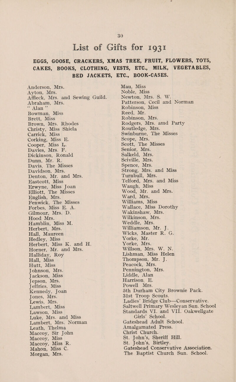 List of Gifts for 1931 EGGS, GOOSE, CRACKERS, XMAS TREE, FRUIT, FLOWERS, TOYS, CAKES. BOOKS. CLOTHING, VESTS, ETC., MILK, VEGETABLES, BED JACKETS, Anderson, Mrs. Ay ton, Mrs. Affleck, Mrs. and Sewing Guild. Abraham, Mrs. “ Alan ” Bowman, Miss Brett, Miss Brown, Mrs. Rhodes Christy, Miss Shiela Carrick, Miss Corking, Miss E- Cooper, Miss L. Davies, Mrs. P. Dickinson, Ronald Dunn, Mr. R. Davis, The Misses Davidson, Mrs. Denton, Mr. and Mrs. Bastcott, Miss Brwyne, Miss Joan BUiott, The Misses English, Mrs. Fenwick, The Misses Forbes, Miss E- A. Gilmour, Mrs. D. Hood Mrs. Hamblin, Miss M. Herbert, Mrs. Hall, Maureen Hedley, Miss Herbert, Miss K. and H, Horner, Mr. and Mrs. Halliday, Roy Hall, Miss Hutt, Miss Johnson, Mrs. Jackson, Miss Jepson, Mrs. Jeffries, Miss Kennedy, J oan Jones, Mrs. Lewis, Mrs. Lambert, Miss Lawson, Miss Luke, Mrs. and Miss Lambert, Mrs. Norman Leath, Thelma Maccoy, Sir John Maccoy, Miss Maccoy, Miss R. Mahon, Miss C. Morgan, Mrs. ETC., BOOK-CASES. Mau, Miss Noble, Miss Newton, Mrs. S. W. Patterson, Cecil and Norman Robinson, Miss Reed, Mr. Robinson, Mrs. Rodgers, Mrs. amd Party Routledge, Mrs. Swinburne, The Misses Scope, Mrs. Scott, The Misses Senior, Mrs. Salkeld, Mrs. Sciville, Mrs. Spence, Mrs. Strong, Mrs. and Miss Turnbull, Mrs. Telford, Mrs. and Miss Waugh, Miss Wood, Mr. and Mrs. Ward, Mrs. Williams, Miss Wallace, Miss Dorothy Wakinshaw, Mrs. Wilkinson, Mrs. Weddle, Mrs. Williamson, Mr. J. Wicks, Master R. G. Yorke, Mr. Yorke, Mrs. Willson, Mrs. W. N. Lishman, Miss Helen Thompson, Mr. J. Peacock, Mrs. Pennington, Mrs. Liddle, Alan Harrison, E. Powell Mrs. 5th Durham City Brownie Pack. 31st Troop Scouts. Ladies’ Bridge Club—Conservative. Saltwell Primary Wesleyan Sun. School Standards VI. and VII. Oakwellgate Girls’ School. Gateshead Adult School. Amalgamated Press. Christ Church. St. John’s, Sheriff Hill. St. John’s, Birtley. Gateshead Conservative Association. The Baptist Church Sun. School.