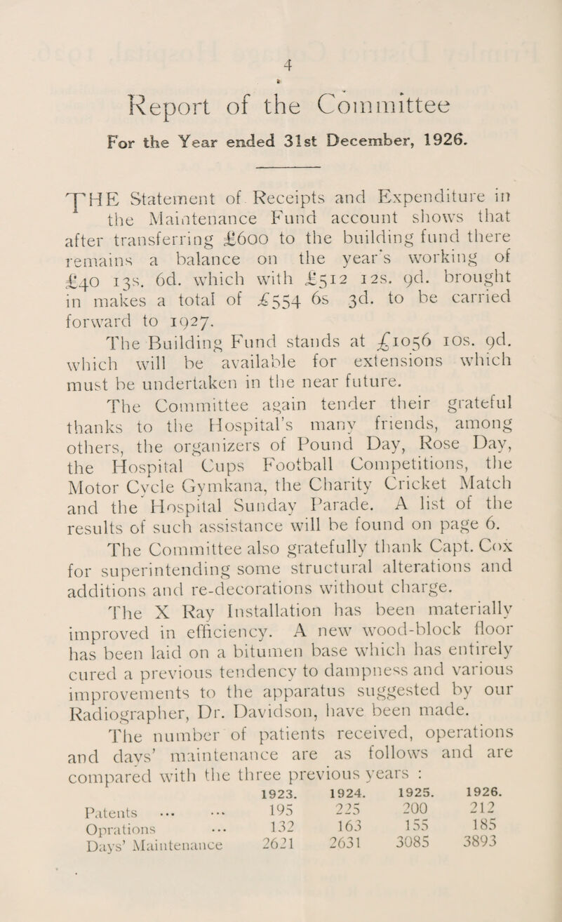 ft •* ^ Report of the Committee For the Year ended 31st December, 1926. THE Statement of Receipts and Expenditure in the Maintenance Fund account shows that after transferring £6oo to the building fund there remains a balance on the years working of £40 13s. 6d. which with £512 12s. 9b. brought in makes a total of £554 6s 3d. to be carried forward to 1927. The Building Fund stands at £1056 10s. 9b. which will be available for extensions which must be undertaken in the near future. The Committee again tender their grateful thanks to the Hospital’s many friends, among others, the organizers of Pound Day, Rose Day, the Hospital Cups Football Competitions, the Motor Cycle Gymkana, the Charity Cricket Match and the Hospital Sunday Parade. A list of the results of such assistance will be found on page 6. The Committee also gratefully thank Capt. Cox for superintending some structural alteiations and additions and re-decorations without charge. The X Ray Installation has been materially improved in efficiency. A new wood-block hoor has been laid on a bitumen base which has entirely cured a previous tendency to dampness and various improvements to the apparatus suggested by our Radiographer, Dr. Davidson, have been made. The number of patients received, operations and days’ maintenance are as follows and aie compared with the three previous years : 1923. 1924. 1925. 1926 Patents 195 225 200 212 Oprations 132 163 155 185 Days’ Maintenance 2621 2631 3085 3893