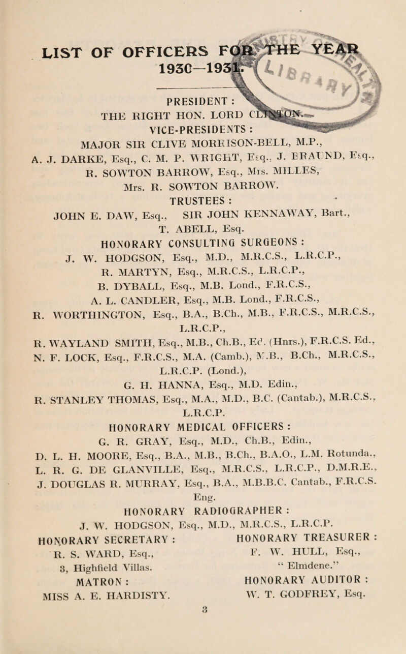 LIST OF OFFICERS 195C— PRESIDENT : THE RIGHT HON. LORD VICE=PRESIDE NTS : MAJOR SIR CLIVE MORRISON-BELL, M.P., A. J. DARKE, Esq., C. M. P. WRIGHT, Esq., J. ERALND, Esq., R. SOWTON BARROW, Esq., Mrs. M1LLES, Mrs. R. SOWTON BARROW7. TRUSTEES: JOHN E. DAW7, Esq., SIR JOHN KENNAWAY, Bart., T. ABELL, Esq. HONORARY CONSULTING SURGEONS : J. W. HODGSON, Esq., M.D., M.R.C.S., L.R.C.P., R. MARTYN, Esq., M.R.C.S., L.R.C.P., B. DYBALL, Esq., M.B. Lond., F.R.C.S., A. L. CANDLER, Esq., M.B. Lond., F.R.C.S., R. WORTHINGTON, Esq., B.A., B.Ch., M.B., F.R.C.S., M.R.C.S., L.R.C.P., R. W AYLAND SMITH, Esq., M.B., Ch.B., Ed. (Hnrs.), F.R.C.S. Ed., N. F. LOCK, Esq., F.R.C.S., M.A. (Camb.), K.B., B.Ch., M.R.C.S., L.R.C.P. (Lond.), G. H. HANNA, Esq., M.D. Edin., R. STANLEY THOMAS, Esq., M.A., M.D., B.C. (Cantab.), M.R.C.S., L.R.C.P. HONORARY MEDICAL OFFICERS: G. R. GRAY, Esq., M.D., Ch.B., Edin., D. L. H. MOORE, Esq., B.A., M.B., B.Ch., B.A.O., L.M. Rotunda., L. R. G. DE GLANVILLE, Esq., M.R.C.S., L.R.C.P., D.M.R.E., J. DOUGLAS R. MURRAY7, Esq., B.A., M.B.B.C, Cantab., F.R.C.S. Eng. HONORARY RADIOGRAPHER : J. W. HODGSON, Esq., M.D., M.R.C.S., L.R.C.P. HONORARY SECRETARY : R. S. WARD, Esq., 3, Highfield Villas. MATRON: MISS A. E. HARDISTY. HONORARY TREASURER: F. W. HULL, Esq., “ Elmdene.” HONORARY AUDITOR : WT. T. GODFREY, Esq.