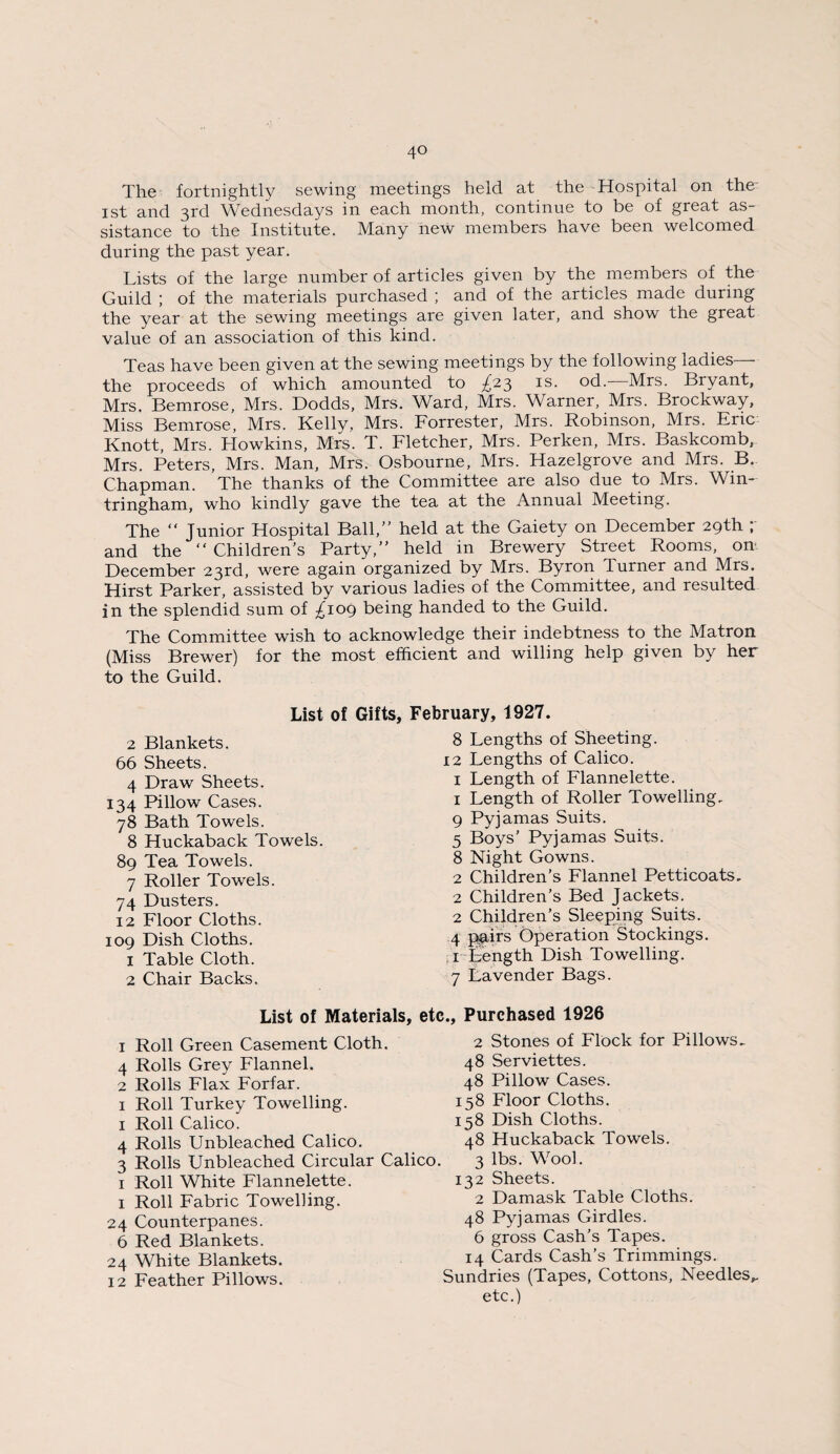 The fortnightly sewing meetings held at the Hospital on the ist and 3rd Wednesdays in each month, continue to be of great as¬ sistance to the Institute. Many new members have been welcomed during the past year. Lists of the large number of articles given by the members of the Guild ; of the materials purchased ; and of the articles made during the year at the sewing meetings are given later, and show the great value of an association of this kind. Teas have been given at the sewing meetings by the following ladies— the proceeds of which amounted to ^23 is. od.—Mrs. Bryant, Mrs. Bemrose, Mrs. Dodds, Mrs. Ward, Mrs. Warner, Mrs. Brockway, Miss Bemrose, Mrs. Kelly, Mrs. Forrester, Mrs. Robinson, Mrs. Eric Knott, Mrs. Howkins, Mrs. T. Fletcher, Mrs. Perken, Mrs. Baskcomb, Mrs. Peters, Mrs. Man, Mrs. Osbourne, Mrs. Hazelgrove and Mrs. B. Chapman. The thanks of the Committee are also due to Mrs. Win- tringham, who kindly gave the tea at the Annual Meeting. The “ Junior Hospital Ball,” held at the Gaiety on December 29th r and the “ Children's Party,” held in Brewery Street Rooms, on December 23rd, were again organized by Mrs. Byron Turner and Mrs. Hirst Parker, assisted by various ladies of the Committee, and resulted in the splendid sum of £109 being handed to the Guild. The Committee wish to acknowledge their indebtness to the Matron (Miss Brewer) for the most efficient and willing help given by her to the Guild. List of Gifts, February, 1927. 109 Dish Cloths. 1 Table Cloth. 2 Chair Backs. 134 Pillow Cases. 78 Bath Towels. 2 Blankets. 66 Sheets. 89 Tea Towels. 7 Roller Towels 74 Dusters. 12 Floor Cloths. 4 Draw Sheets. 8 Huckaback Towels. 8 Lengths of Sheeting. 12 Lengths of Calico. 1 Length of Flannelette. 1 Length of Roller Towelling, 9 Pyjamas Suits. 5 Boys’ Pyjamas Suits. 8 Night Gowns. 2 Children’s Flannel Petticoats. 2 Children’s Bed Jackets. 2 Children’s Sleeping Suits. 4 pairs Operation Stockings. 1 Length Dish Towelling. 7 Lavender Bags. 1 Roll Green Casement Cloth. 4 Rolls Grey Flannel. 2 Rolls Flax Forfar. 1 Roll Turkey Towelling. 1 Roll Calico. 4 Rolls Unbleached Calico. 3 Rolls Unbleached Circular Calico. 1 Roll White Flannelette. 1 Roll Fabric Towelling. 24 Counterpanes. 6 Red Blankets. 24 White Blankets. 12 Feather Pillows. List of Materials, etc.. Purchased 1926 2 Stones of Flock for Pillows. 48 Serviettes. 48 Pillow Cases. 158 Floor Cloths. 158 Dish Cloths. 48 Huckaback Towels. 3 lbs. Wool. 132 Sheets. 2 Damask Table Cloths. 48 Pyjamas Girdles. 6 gross Cash's Tapes. 14 Cards Cash’s Trimmings. Sundries (Tapes, Cottons, Needles etc.)