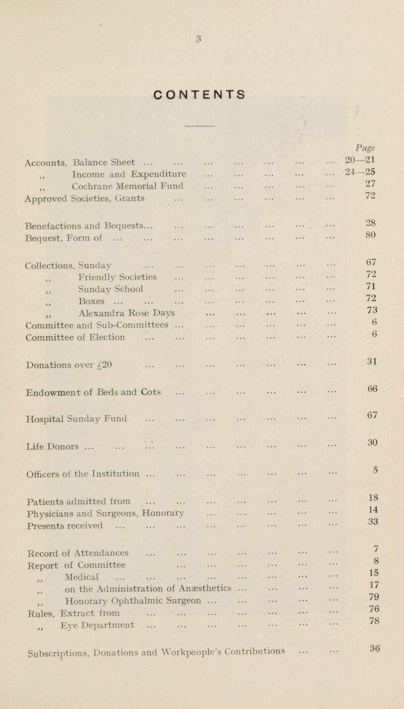 CONTENTS Accounts, Balance Sheet ... ,, Income and Expenditure ,, Cochrane Memorial Fund Approved Societies, Grants Page 20—21 24—25 27 72 Benefactions and Bequests... Bequest, Form of ..: Collections, Sunday ,, Friendly Societies ,, Sunday School ,, Boxes ... ,, Alexandra Rose Days Committee and Sub-Committees ... Committee of Election 67 72 71 72 73 6 6 Donations over ^20 Endowment of Beds and Cots Ftospital Sunday Fund Life Donors ... Officers of the Institution ... 31 66 67 30 5 Patients admitted from Physicians and Surgeons, Honorary Presents received 18 14 33 Record of Attendances Report of Committee ,, Medical on the Administration of Anaesthetics ... ,, Honorary Ophthalmic Surgeon ... Rules, Extract from . ,, Eye Department 7 8 15 17 79 76 78 Subscriptions, Donations and Workpeople’s Contributions 36