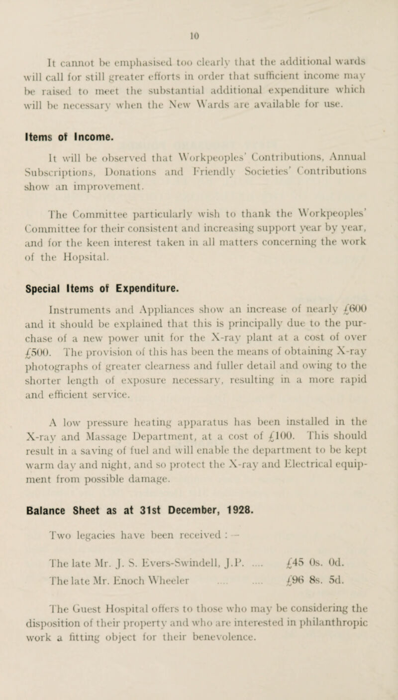 It cannot Ik* emphasised too clearly that the additional wards will call for still greater efforts in order that sufficient income may be raised to meet the substantial additional expenditure which will be necessary when the New Wards are available for use. Items of Income. It will be observed that Workpeoples Contributions, Annual Subscriptions, Donations and Friendly Societies’ Contributions show an improvement. The Committee particularly wish to thank the Workpeoples’ Committee for their consistent and increasing support year by year, and for the keen interest taken in all matters concerning the work of the Hopsital. Special Items of Expenditure. Instruments and Appliances show an increase of nearly £600 and it should be explained that this is principally due to the pur¬ chase of a new power unit for the X-ray plant at a cost of over £500. The provision of this has been the means of obtaining X-ray photographs of greater clearness and fuller detail and owing to the shorter length of exposure necessary, resulting in a more rapid and efficient service. A low pressure heating apparatus has been installed in the X-ray and Massage Department, at a cost of £100. This should result in a saving of fuel and will enable the department to he kept warm dav and night, and so protect the X-ray and Electrical equip¬ ment from possible damage. Balance Sheet as at 31st December, 1928. Two legacies have been received : - The late Mr. J. S. Evers-Swindell, J.P. £45 0s. Od. The late Mr. Enoch Wheeler .... .... £96 8s. 5d. The Guest Hospital offers to those who may be considering the disposition of their property and who are interested in philanthropic work a fitting object for their benevolence.