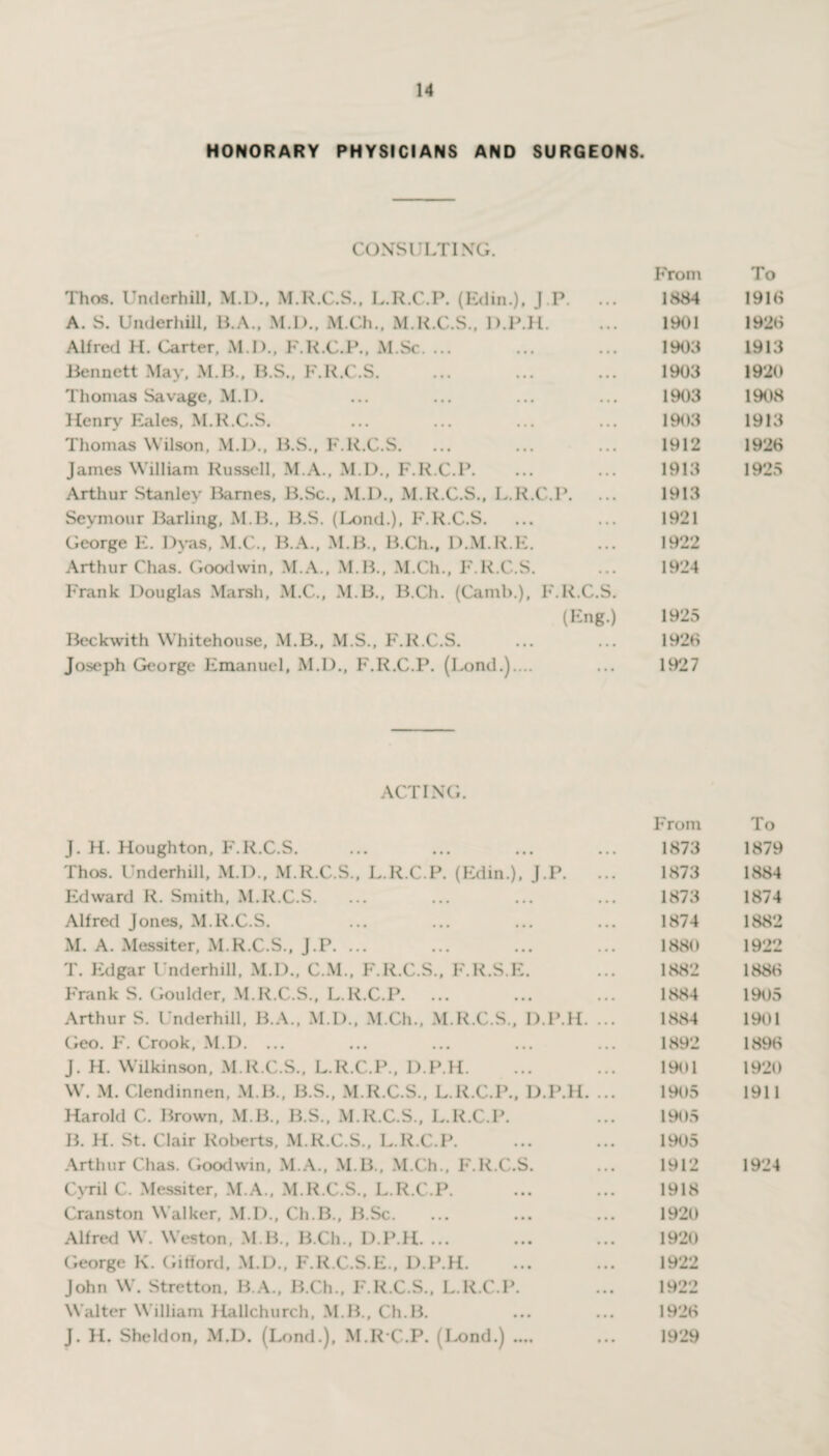 HONORARY PHYSICIANS AND SURGEONS. CONSULTING. From To Thos. Underhill, M.D., M.R.C.S., L.R.C.P. (Edin.), J.P. ... 1884 1918 A. S. Underhill, B.A., M.D., M.Ch., M.R.C.S., D.P.H. 1901 1928 Alfred H. Carter, M.D., F.R.C.P., M.Sc. ... 1903 1913 Bennett May, M.B., B.S., F.R.C.S. 1903 1920 Thomas Savage, M.D. 1903 1908 Henry Eales, M.R.C.S. 1903 1913 Thomas Wilson, M.D., B.S., F.R.C.S. 1912 1928 James William Russell, M.A., M.D., F.R.C.P. 1913 1925 Arthur Stanley ISarnes, B.Sc., M.I)., M.R.C.S., L.R.C.P. 1913 Seymour Barling, M.B., B.S. (Lond.), F.R.C.S. 1921 George E. Dvas, M.C., B.A., M.B., B.Ch., D.M.R.E. 1922 Arthur Chas. Goodwin, M.A., M.B., M.Ch., F.R.C.S. Frank Douglas Marsh, M.C., M.B., B.Ch. (Camb.), F.R.C.S. 1924 (Eng.) 1925 Beckwith Whitehouse, M.B., M.S., F.R.C.S. 1928 Joseph George Emanuel, M.I)., F.R.C.P. (Lond.).... 1927 ACTING. J. H. Houghton, F.R.C.S. Thos. Underhill, M.I)., M.R.C.S., L.R.C.P. (Edin.), J.P. Edward R. Smith, M.R.C.S. Alfred Jones, M.R.C.S. M. A. Messiter, M.R.C.S., J.P. ... T. Edgar Underhill, M.D., C.M., F.R.C.S., F.R.S.E. Frank S. Goulder, M.R.C.S., L.R.C.P. ... Arthur S. Underhill, B.A., M.I)., M.Ch., M.R.C.S., D.P.H. Geo. F. Crook, M.D. ... J. H. Wilkinson, M.R.C.S., L.R.C.P., D.P.H. W. M. Clendinnen, M.B., B.S., M.R.C.S., L.R.C.P., D.P.H. Harold C. Brown, M.B., B.S., M.R.C.S., L.R.C.P. B. H. St. Clair Roberts, M.R.C.S., L.R.C.P. Arthur Chas. Goodwin, M.A., M B., M.Ch., F.R.C.S. Cyril C. Messiter, M.A., M.R.C.S., L.R.C.P. Cranston Walker, M.D., Ch.B., B.Sc. Alfred W. Weston, M B., B.Ch., D.P.H. ... George K. Gifford, M.D., F.R.C.S.E., D.P.H. John W. Stretton, B.A., B.Ch., F.R.C.S., L.R.C.P. Walter William Hallchurch, M.B., Ch.B. J. H. Sheldon, M.D. (Lond.), M.R C.P. (I-ond.) .... From To 1873 1879 1873 1884 1873 1874 1874 1882 1880 1922 1882 1888 1884 1905 1884 1901 1892 1898 1901 1920 1905 1911 1905 1905 1912 1924 1918 1920 1920 1922 1922 1928 1929