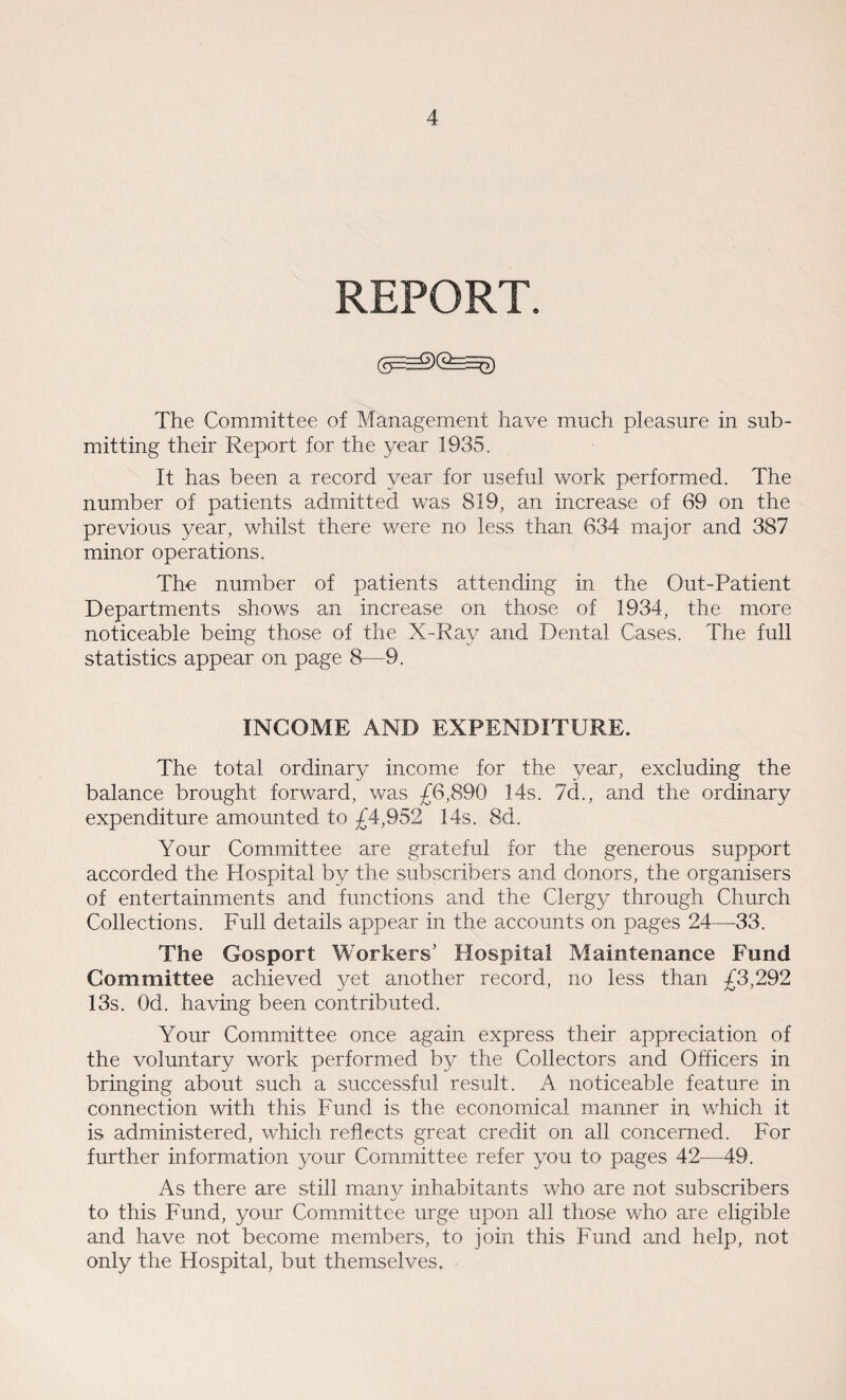 REPORT. The Committee of Management have much pleasure in sub¬ mitting their Report for the year 1935. It has been a record year for useful work performed. The number of patients admitted was 819, an increase of 69 on the previous year, whilst there were no less than 634 major and 387 minor operations. The number of patients attending in the Out-Patient Departments shows an increase on those of 1934, the more noticeable being those of the X-Ray and Dental Cases. The full statistics appear on page 8—9. INCOME AND EXPENDITURE. The total ordinary income for the year, excluding the balance brought forward, was £6,890 14s. 7d., and the ordinary expenditure amounted to £4,952 14s. 8d. Your Committee are grateful for the generous support accorded the Hospital by the subscribers and donors, the organisers of entertainments and functions and the Clergy through Church Collections. Full details appear in the accounts on pages 24—33. The Gosport Workers’ Hospital Maintenance Fund Committee achieved yet another record, no less than £3,292 13s. Od. having been contributed. Your Committee once again express their appreciation of the voluntary work performed by the Collectors and Officers in bringing about such a successful result. A noticeable feature in connection with this Fund is the economical manner in which it is administered, which reflects great credit on all concerned. For further information your Committee refer you to pages 42—49. As there are still manv inhabitants who are not subscribers to this Fund, your Committee urge upon all those who are eligible and have not become members, to join this Fund and help, not only the Hospital, but themselves.