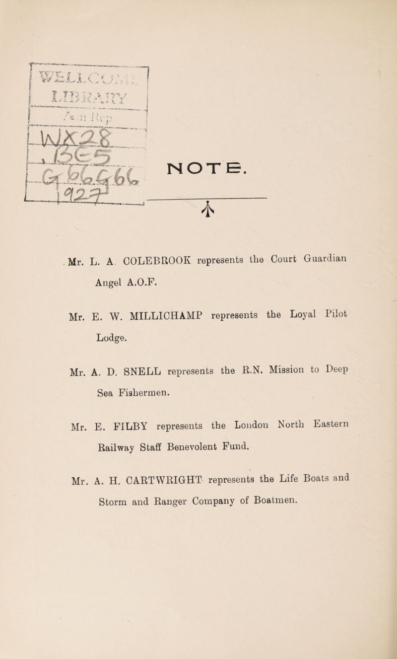 S&frsti Mr. L. A COLEBROOK represents the Court Guardian Angel A.O.F. Mr. E. W. MILLICHAMP represents the Loyal Pilot Lodge. Mr. A. D. SNELL represents the R.N. Mission to Deep Sea Fishermen. Mr. E. FILBY represents the London North Eastern Railway Staff Benevolent Fund. Mr. A. H. CARTWRIGHT represents the Life Boats and Storm and Ranger Company of Boatmen.