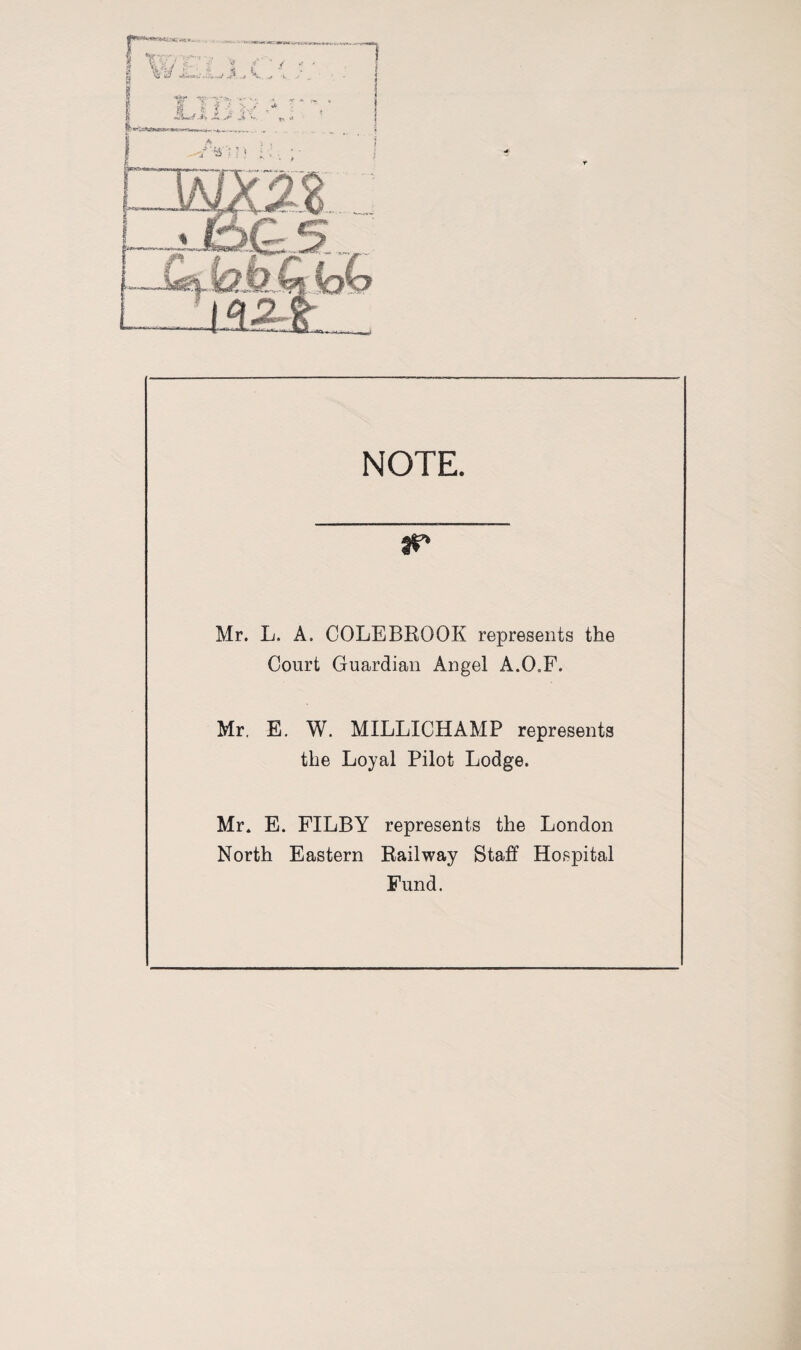 NOTE. Mr. L. A. COLEBROOK represents the Court Guardian Angel A.O.F. Mr. E. W. MILLICHAMP represents the Loyal Pilot Lodge. Mr. E. FILBY represents the London North Eastern Railway Staff Hospital Fund.