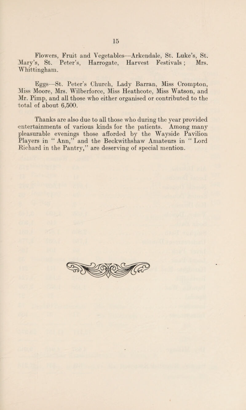 Flowers, Fruit and Vegetables—Arkendale, St. Luke’s, St. Mary’s, St. Peter’s, Harrogate, Harvest Festivals ; Mrs. Whittingham. Eggs—St. Peter’s Church, Lady Barran, Miss Crompton, Miss Moore, Mrs. Wilberforce, Miss Heathcote, Miss Watson, and Mr. Pimp, and all those who either organised or contributed to the total of about 6,500. Thanks are also due to all those who during the year provided entertainments of various kinds for the patients. Among many pleasurable evenings those afforded by the Wayside Pavilion Players in “ Ann,” and the Beckwithshaw Amateurs in “ Lord Richard in the Pantry/’ are deserving of special mention.