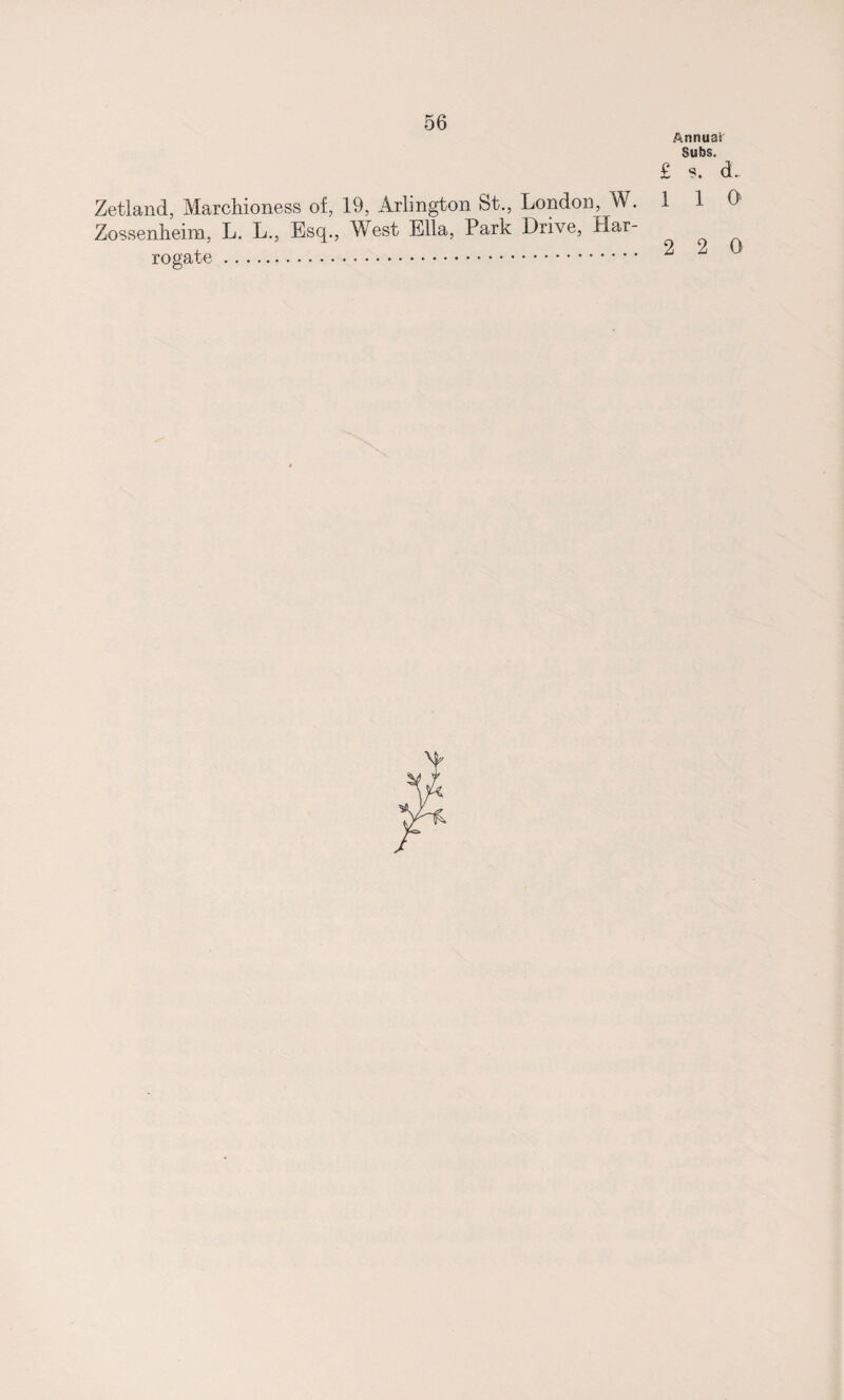 Zetland, Marchioness of, 19, Arlington St., London, W. Zossenheim, L. L., Esq., West Ella, Park Drive, Har¬ rogate ... Annual' Subs. £ s. d. 1 1 0 2 2 0