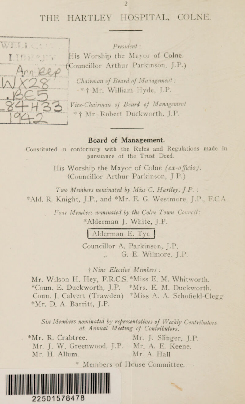 THE HARTLEY HOSPITAL, COLNE. President : Ilis Worship the Mayor of Colne. (Councillor Arthur Parkinson, J.P.) Chairman oj Hoard of Management: •*t Mr. William Hyde, J.P. Vice-Chairman oj Board oj Management * Mr. Robert Duckworth, J.P. Board of Management. Constituted in conformity with the Rules and Regulations made in pursuance of the Trust Deed. Ilis Worship the Mayor of Colne (ex-officio). (Councillor Arthur Parkinson, J.P.) Two Members nominated by Miss C. Hartley, J P. : *A1d. R. Knight, J.P., and *Mr. E. G. Westmore, J.P., F.C. \ Four Members nominated by the Colne Town Council: *Alderman J. White, J.P. Alderman E. Tye| Councillor A. Parkinson, J.P. ,, G. E. Wilmore, J.P. t Nine Elective Members : Mr. Wilson H. Hey, F.R.C.S. *Miss E. M. Whitworth. *Coun. E. Duckworth, J.P. *Mrs. E. M. Duckworth. Coun. J. Calvert (Trawden) *Miss A. A. Schofield-Clegg *Mr. D. A. Barritt, J.P. Six Members nominated by representatives of Weekly Contributors at Annual Meeting oj Contributors. *Mr. R. Crabtree. Mr. J. Slinger, J.P. Mr. J. W. Greenwood, J.P. Mr. A. E. Keene. Mr. H. Allum. ' Mr. A. Hall * Members of House Committee. ' v 22501578478