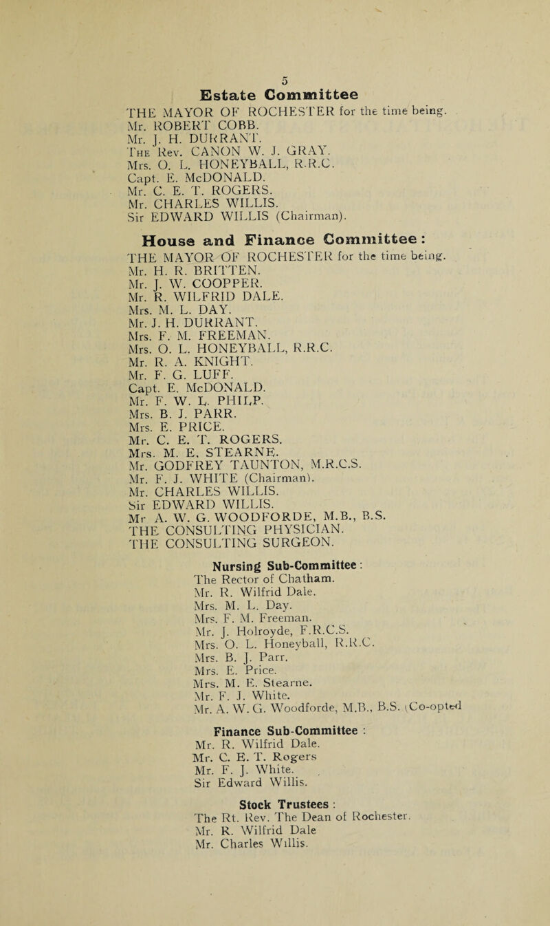 Estate Committee THE MAYOR OF ROCHESTER for the time being. Mr. ROBERT COBB. Mr. J. FI. DUE RANT. The Rev. CANON W. J. GRAY. Mrs. O. L. HONEYBALL, R.R.C. Capt. e. McDonald. Mr. C. E. T. ROGERS. Mr. CHARLES WILLIS. Sir EDWARD WILLIS (Chairman). House and Finance Committee : THE MAYOR OF ROCHESTER for the time being. Mr. H. R. BRITTEN. Mr. J. W. COOP PER. Mr. R. WILFRID DALE. Mrs. M. L. DAY. Mr. J. H. DURRANT. Mrs. F. M. FREEMAN. Mrs. O. L. HONEYBALL, R.R.C. Mr. R. A. KNIGHT. Mr. F. G. LUFF. Capt. e. McDonald. Mr. F. W. L. PHILP. Mrs. B. J. PARR. Mrs. E. PRICE. Mr. C. E. T. ROGERS. Mrs. M. E. STEARNE. Mr. GODFREY TAUNTON, M.R.C.S. Mr. F. J. WHITE (Chairman). Mr. CHARLES WILLIS. Sir EDWARD WILLIS. Mr A. W. G. WOODFORDE, M.B., B.S. THE CONSULTING PHYSICIAN. THE CONSULTING SURGEON. Nursing Sub-Committee . The Rector of Chatham. Mr. R. Wilfrid Dale. Mrs. M. L. Day. Mrs. F. M. Freeman. Mr. J. Holroyde, F.R.C.S. Mrs. O. L. Floneyball, R.R.C. Mrs. B. J. Parr. Mrs. E. Price. Mrs. M. E. Stearne. Mr. F. J. White. Mr. A. W. G. Woodforde, M.B., B.S. i.Co-opte-d Finance Sub-Committee : Mr. R. Wilfrid Dale. Mr. C. E. T. Rogers Mr. F. J. White. Sir Edward Willis. Stock Trustees : The Rt. Rev. The Dean of Rochester. Mr. R. Wilfrid Dale Mr. Charles Willis.