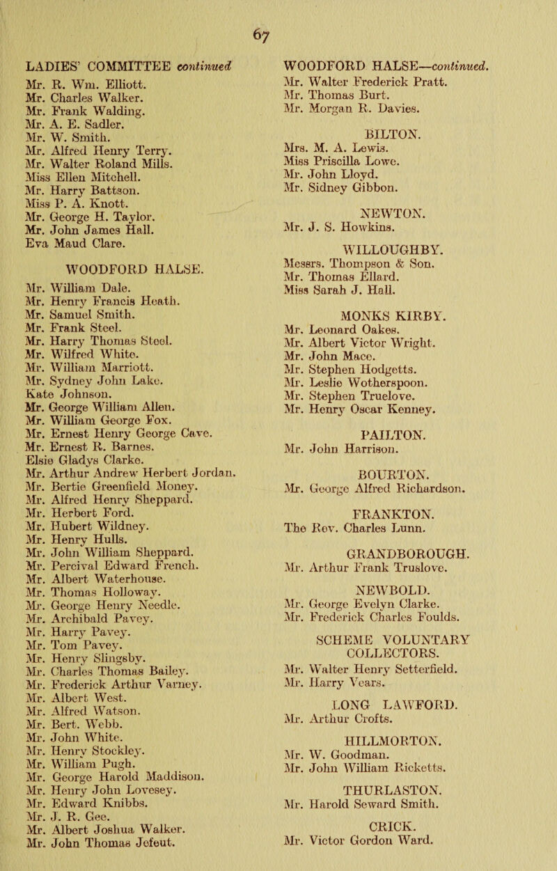 LADIES’ COMMITTEE continued Mr. R. Wm. Elliott. Mr. Charles Walker. Mr. Frank Waldiiig. IVIr. A. E. Sadler. Mr. W. Smith. Mr. Alfred Henry Terry. Sir. Walter Roland Mills. Miss Ellen Mitchell. Mr. Harry Battson. Miss P. A. Knott. Mr. George H. Taylor. Mr. John James Hall. Eva Maud Clare. WOODFORD HALSE. I\lr. William Dale. Mr. Hemy Francis Heath. Mr. Samuel Smith. Mr. Frank Steel. Mr. Harry Thomas Stool. Mr. Wilfred White. i\Ir. William Marriott. Jlr. Sydney John Lake. Kate Johnson. Mr. George William Allen. Mr. William George Fox. HJr. Ernest Henry George Cave. Mr. Ernest R. Barnes. Elsie Gladys Clarke. Mr. Arthur Andrew Herbert Jordan. Mr. Bertie Greenfield Money. ]\Ir. Alfred Henry Sheppard. Mr. Herbert Ford. Mr. Hubert Wildney. IMr. Henry Hulls. Mr. John William Sheppard. Mr. Percival Edward French. Mr. Albert Waterhouse. Mr. Thomas Holloway. George Henry Needle. M_r. Archibald Pavey. Mr. Harry Pavey. Mr. Tom Pavey. Mr. Henry Slingsby. Mr. Charles Thomas Bailey. Mr. Frederick Arthur Varney. Mr. Albert West. Mr. Alfred Watson. Mr. Bert. Webb. Mr. John White. Mr. Hemy Stockloy. Mr. William Pugh. Mr. George Harold Maddison. Mr. Henry John Lovesey. Mr. Edward Knibbs. Mr. J. R. Gee. .Mr. Albert Joshua Walker. Mr. John Thomas Jefeut. WOODFORD continued, ]Mr. Walter Frederick Pratt. Mr. Thomas Burt. Mr. Morgan R. Davies. BILTON. Mrs. M. A. Lewis. Miss Priscilla Lowe. -IVIi*. John Lloyd. Mr. Sidney Gibbon. NEWTON. Mr. J. S. Howkins. WILLOUGHBY. Messrs. Thompson & Son. Mr. Thomas Ellard. Miss Sarah J. Hall. MONKS KIRBY. Mr. Leonard Oakes. Mr. Albert Victor Wright. Mr. John Mace. Mr. Stephen Hodgetts. Mr. Leslie Wotherspoon. Mr. Stephen Truelove. Mr. Henry Oscar Kenney. PAILTON. Mr. John Harrison. BOURTON. Mr. George Alfred Richardson. FRANKTON. The Her. Charles Lunn. GRANDBOROUGH. Mr. Arthur Frank Truslove. NEWBOLD. Mr. George Evelyn Clarke. Mr. Frederick Charles Foulds. SCHEME VOLUNTARY COLLECTORS. Ml'. Walter Henry Setterfield. Mr. Harry \Yars. LONG LYWFORD. Mr. iVrthur Crofts. HILLMORTON. Mr. W. Goodman. Mr. John William Ricketts. THURLASTON. Mr. Harold Seward Smitli. CRICK. Mr. Victor Gordon Ward.