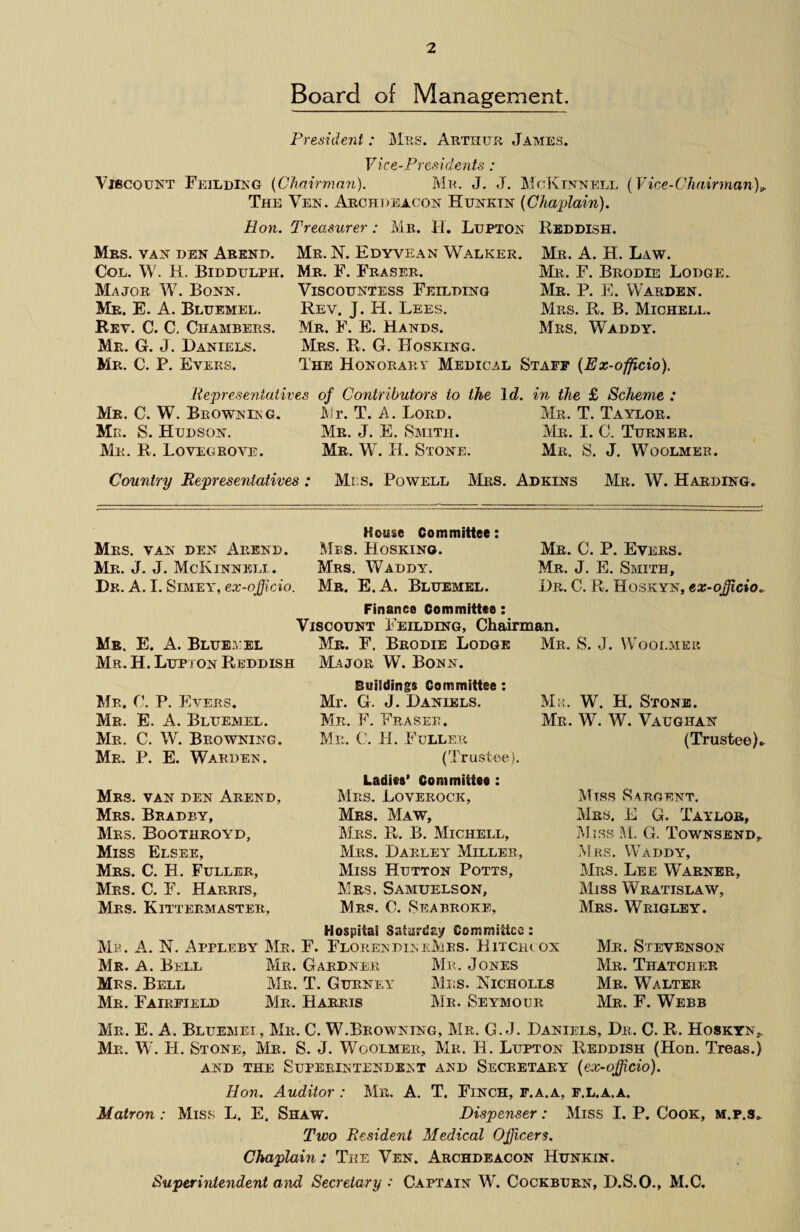 Board of Management. President: Mas. Arthur James. Vice-Presidents : Viscount Feilding (Chairman). Mr. J. J. McKinnell (Vice-Chairman),, The Yen. Archdeacon Hunktn (Chaplain). Hon. Treasurer: Mb. H. Lupton Reddish. Mrs. van den Abend. Col. W. H. Biddulph. Major W. Bonn. Mr. E. A. Bluemel. Rev. C. C. Chambers. Mr. G. J. Daniels. Mr. C. P. Evers. Mr. N. Edyvean Walker. Mr. F. Fraser. Viscountess Feilding Rev, J. H. Lees. Mr. F. E. Hands. Mr. A. H. Law. Mr. F. Brodie Lodge. Mr. P. E. Warden. Mrs. R. B. Michele. Mrs. Waddy. Mrs. R. G. ITosking. The Honorary Medical Staff (Ex-officio). Representatives Mr. C. W. Browning. Mr. S. Hudson. Mr. R. Lovegrove. Country Representatives: of Contributors to the 1 Mr. T. A. Lord. Mr. J. E. Smith. Mr. W. H. Stone. Mis. Powell Mrs. 1. in the £ Scheme : Mr. T. Taylor. Mr. I. C. Turner. Mr. S. J. Woolmer. Adkins Mr. W. Harding. Mrs. van den Abend. Mr. J. J. McKinnkll. Dr. A. I. Simey, ex-officio. Mb. E. A. Bluey el Mr. H. Lupton Reddish Mr. C. P. Evers. Mr. E. A. Bluemel. Mr. C. W. Browning. Mr. P. E. Warden. Mrs. van den Arend, Mrs. Brad by, Mrs. Boothroyd, Miss Elsee, Mrs. C. H. Fuller, Mrs. C. F. Harris, Mrs. Kittermaster, House Committee: Mbs. Hosking. Mrs. Waddy. Mb. E.A. Bluemel. Buildings Committee : Mr. G. J. Daniels. Mr. F. Eraser. Mr. C. H. Fuller (Trustee). Ladies' Committee : Mrs. Loverock, Mrs. Maw, Mrs. It. B. Michell, Mrs. Dalley Miller, Miss Hutton Potts, Mrs. Samuelson, Mrs. 0. Seabroke, Mr. C. P. Evers. Mr. J. E. Smith, Dr. C. R. Hoskyn, ex-officio.. Ma. W. H. Stone. Mr. W. W. Vaughan (Trustee) Miss Sargent. Mrs. E G. Taylor, Miss M. G. Townsend Mrs. Waddy, Mrs. Lee Warner, Miss Wratislaw, Mrs. Wrigley. Mr. Stevenson Mr. Thatcher Mr. Walter Mr. F. Webb Hospital Saturday Committee: Mb. A. N. Appleby Me. F. FlorendineMrs. Hitcht ox Mr. A. Bell Mr. Gardner Mr. Jones Mrs. Bell Mr. T. Gurney Mrs. Nicholls Mr. Fairfield Mr. Harris Mr. Seymour Finance Committee : Viscount Feilding, Chairman. Mr. F. Brodie Lodge Mr. S. J. Woolmer Major W. Bonn. Mr. E. A. Bluemei, Mr. C. W.Browning, Mr. G. J. Daniels, Dr. C. R. Hoskyn, Mr. W. H. Stone, Mr. S. J. Woolmer, Mr. H. Lupton Reddish (Hon. Treas.) and the Superintendent and Secretary (ex-officio). Hon. Auditor: Mr. A. T. Finch, f.a.a, f.l.a.a. Matron : Miss L. E. Shaw. Dispenser: Miss I. P. Cook, m.p.s* Two Resident Medical Officers. Chaplain: The Ven. Archdeacon Hunkin. Superintendent and Secretary : Captain W. Cockburn, D.S.O., M.C.