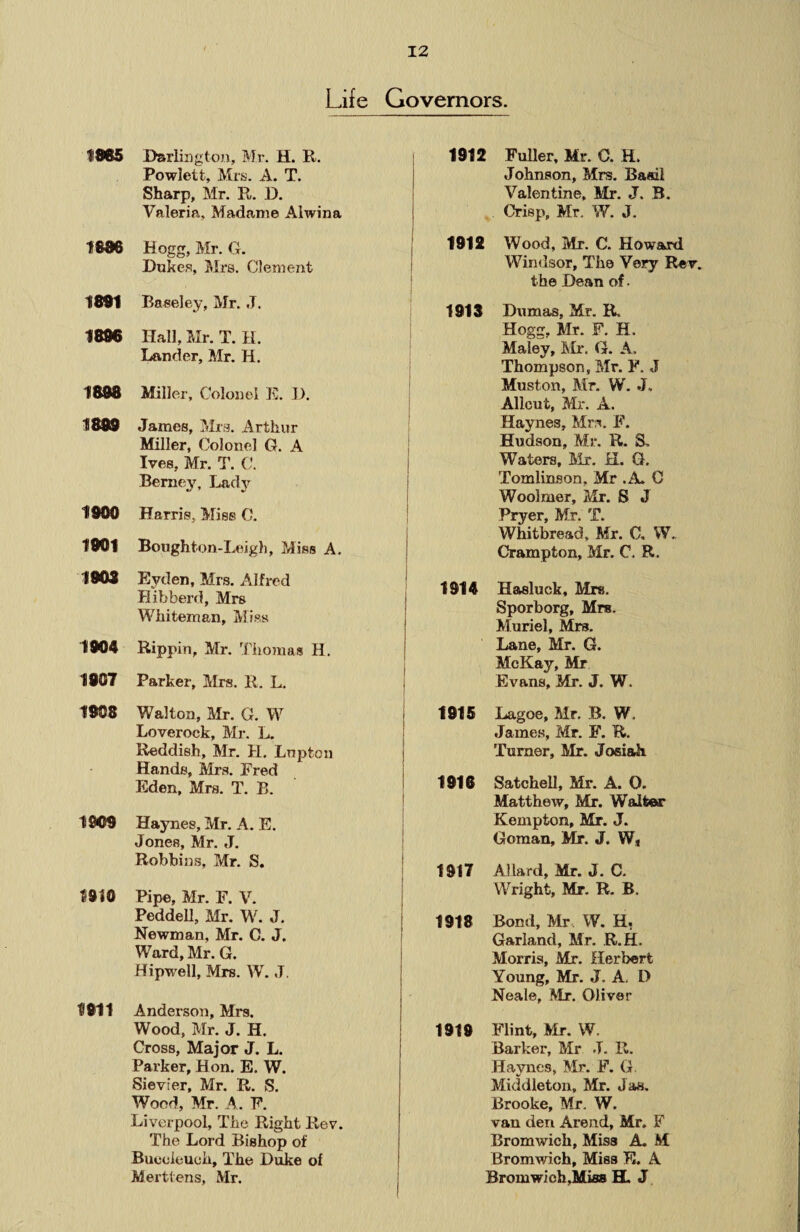 Lite Governors. 1885 Darlington, Mr. H. R. Powlett, Mrs. A. T. Sharp, Mr. R. D. Valeria, Madame Alwina 1886 Hogg, Mr. G. Dukes, Mrs. Clement 1891 Baseley, Mr. J. 1896 Hall, Mr. T. H. Lander, Mr. H. 1898 Miller, Colonel E. D. 11899 James, Mrs. Arthur Miller, Colonel G. A Ives, Mr. T. C. Berney, Lady 1900 Harris, Miss 0. 1901 Boughton-Leigh, Miss A. 1903 Eyden, Mrs. Alfred Hibberd, Mrs Whiteman, Miss 1904 Rippin, Mr. Thomas H. 1907 Parker, Mrs. R. L. 1908 Walton, Mr. G. W Loverock, Mr. L. Reddish, Mr. H. Lnpfcon Hands, Mrs. Fred Eden, Mrs. T. B. 1909 Haynes, Mr. A. E. Jones, Mr. J. Robbins, Mr. S. 1910 Pipe, Mr. F. V. Peddell, Mr. W. J. Newman, Mr. C. J. Ward, Mr. G. Hipwell, Mrs. W. J. 1911 Anderson, Mrs. Wood, Mr. J. H. Cross, Major J. L. Parker, Hon. E. W. Sievier, Mr. R. S. Wood, Mr. A. F. Liverpool, The Right Rev. The Lord Bishop of Buooleuch, The Duke of Merttens, Mr. 1912 Fuller, Mr. G. H, Johnson, Mrs. Basil Valentine, Mr. J. B. Crisp, Mr, W. J. 1912 Wood, Mr. C. Howard Windsor, The Very Rev. the Dean of. 1913 Dumas, Mr. R, Hogg, Mr. F. H. Maley, Mr. G. A. Thompson, Mr. F. J Muston, Mr. W. J. Allcut, Mr. A. Haynes, Mr*. F. Hudson, Mr. R. S. Waters, Mr. H. G. Tomlinson, Mr .A. C Woolmer, Mr. S J Pryer, Mr. T. Whitbread, Mr. C, W. Crampton, Mr. C. R. 1914 Hasluck, Mrs. Sporborg, Mrs. Muriel, Mrs. Lane, Mr. G. McKay, Mr Evans, Mr. J. W. 1915 Lagoe, Mr. B. W. James, Mr. F. R. Turner, Mr. Josi&h 1916 Satchell, Mr. A. 0. Matthew, Mr. Walter Kempton, Mr. J. Goman, Mr. J. W, 1917 Allard, Mr. J. C. Wright, Mr. R. B. 1918 Bond, Mr W. H, Garland, Mr. R.H. Morris, Mr. Herbert Young, Mr. J. A. D Neale, Mr. Oliver 1919 Flint, Mr. W. Barker, Mr J. R. Haynes, Mr. F. G. Middleton, Mr. J as, Brooke, Mr. W. van den Arend, Mr. F Bromwich, Miss A. M Bromwich, Miss E. A Bromwich .Mias H. J
