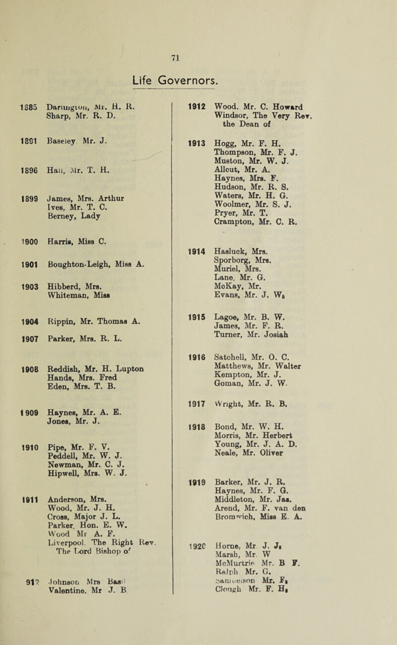 Life Governors. 1885 Dariixjgiuu, Mr. H. R. Sharp, Mr. R. D. 1891 Baseley Mr. J. 1896 Han, Mr. T. H. 1899 James, Mrs. Arthur Ives, Mr. T. C. Berney, Lady 1900 Harris, Miss C. 1901 Boughton-Leigh, Miss A. 1903 Hibberd, Mrs. Whiteman, Miss 1904 Rippin, Mr. Thomas A. 1907 Parker, Mrs. R. L. 1908 Reddish, Mr. H. Lupton Hands, Mrs. Fred Eden, Mrs. T. B. 1 909 Haynes, Mr. A. E. Jones, Mr. J. 1910 Pipe, Mr. F. V. Peddell, Mr. W. J. Newman, Mr. C. J. Hipwell, Mrs. W. J. 1911 Anderson, Mrs. Wood, Mr. J. H. Cross, Major J. L. Parker, Hon. E. W. Wood Mr A. F. Liverpool. The Right Rev. The Lord Bishop of 91? Johnson Mrs Basil Valentine. Mr J. B 1912 Wood. Mr. C. Howard Windsor, The Very Rev, the Dean of 1913 Hogg, Mr. F. H. Thompson, Mr. F. J. Muston, Mr. W. J. Allcut, Mr. A. Haynes, Mrs. F. Hudson, Mr. R. S. Waters, Mr. H. G. Woolmer, Mr. S. J. Pryer, Mr. T. Crampton, Mr. C. R. 1914 Hasluck, Mrs. Sporborg, Mrs. Muriel, Mrs. Lane, Mr. G. McKay, Mr. Evans, Mr. J. W6 1915 Lagoe, Mr. B. W. James, Mr. F. R. Turner, Mr. Josiah 1916 Satchell, Mr. 0. C. Matthews, Mr. Walter Kempton, Mr. J. Goman, Mr. J. W. 1917 Wright, Mr. R. B. 1918 Bond, Mr. W. H. Morris, Mr. Herbert Young, Mr. J. A. D. Neale, Mr. Oliver 1919 Barker, Mr. J. R. Haynes, Mr. F. G. Middleton, Mr. Jaa. Arend, Mr. F. van den Bromwich, Miss E. A. !92C Horne, Mr J. J* Marsh, Mr. W McMurtrie Mr. B F. Ralph Mr. G. Sam ueison Mr. F, Clough Mr. F. H|