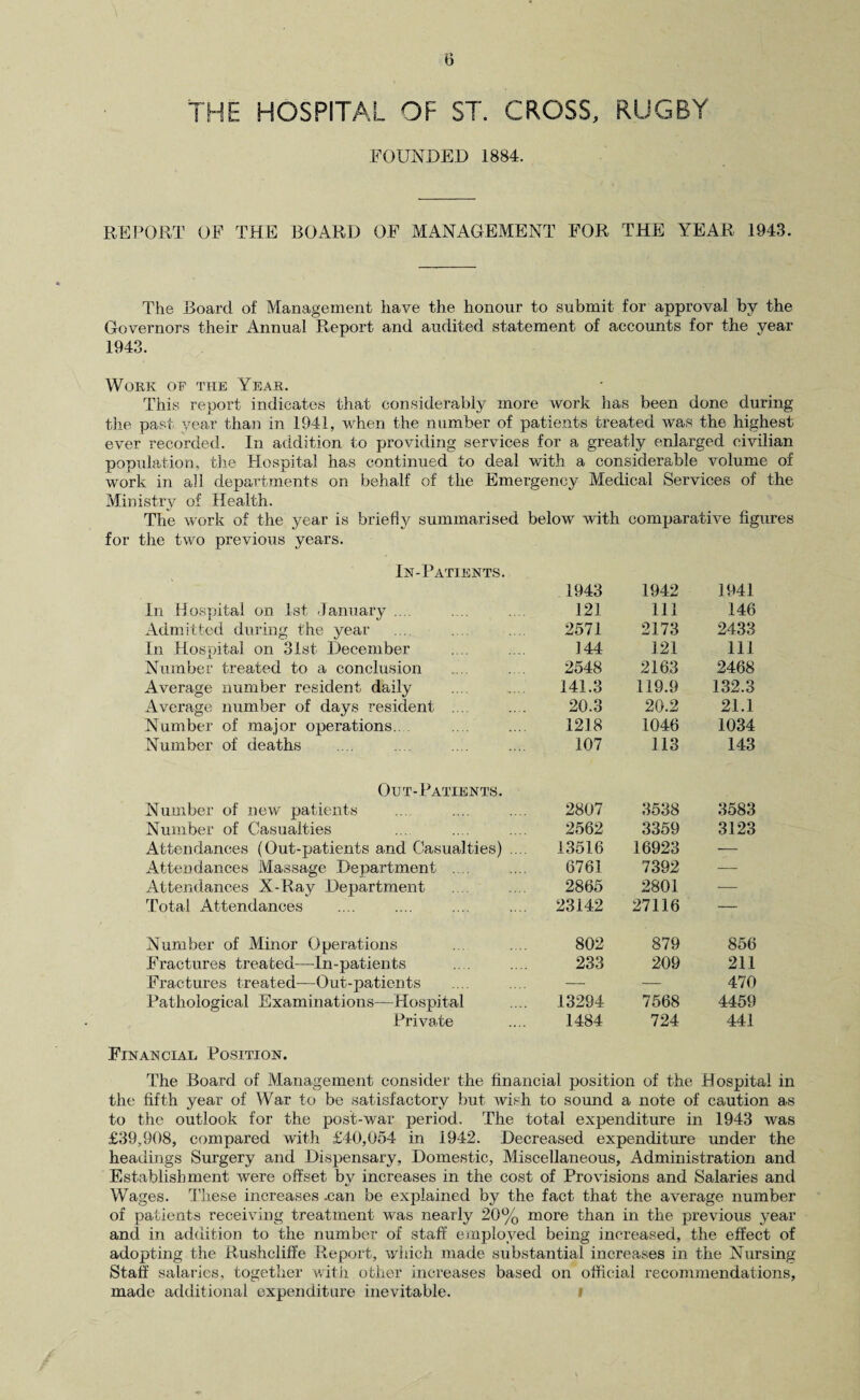 THE HOSPITAL OF ST. CROSS, RUGBY FOUNDED 1884. REPORT OF THE BOARD OF MANAGEMENT FOR THE YEAR 1943. The Board of Management have the honour to submit for approval by the Governors their Annual Report and audited statement of accounts for the year 1943. Work of the Year. This report indicates that considerably more work has been done during the past year than in 1941, when the number of patients treated was the highest ever recorded. In addition to providing services for a greatly enlarged civilian population, the Hospital has continued to deal with a considerable volume of work in all departments on behalf of the Emergency Medical Services of the Ministry of Health. The work of the year is briefly summarised below with comparative figures for the two previous years. In-Patients. 1943 1942 1941 In Hospital on 1st January .... 121 111 146 Admitted during the year 2571 2173 2433 In Hospital on 31st December 144 121 111 Number treated to a conclusion 2548 2163 2468 Average number resident daily 141.3 119.9 132.3 Average number of days resident ... 20.3 20.2 21.1 Number of major operations.. 1218 1046 1034 Number of deaths 107 113 143 Out-Patients. Number of new patients 2807 3538 3583 Number of Casualties 2562 3359 3123 Attendances (Out-patients and Casualties) ... 13516 16923 — Attendances Massage Department .... 6761 7392 — Attendances X-Ray Department 2865 2801 — Total Attendances 23142 27116 — Number of Minor Operations 802 879 856 Fractures treated—In-patients 233 209 211 Fractures treated—Out-patients — — 470 Pathological Examinations—Hospital 13294 7568 4459 Private 1484 724 441 Financial Position. The Board of Management consider the financial position of the Hospital in the fifth year of War to be satisfactory but wish to sound a note of caution as to the outlook for the post-war period. The total expenditure in 1943 was £39,908, compared with £40,054 in 1942. Decreased expenditure under the headings Surgery and Dispensary, Domestic, Miscellaneous, Administration and Establishment were offset by increases in the cost of Provisions and Salaries and Wages. These increases .can be explained by the fact that the average number of patients receiving treatment was nearly 20% more than in the previous year and in addition to the number of staff employed being increased, the effect of adopting the Rushcliffe Report, which made substantial increases in the Nursing Staff salaries, together with other increases based on official recommendations, made additional expenditure inevitable. i