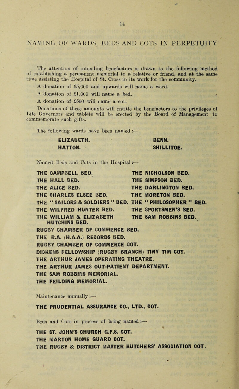 3 1 NAMING OF WARDS, BEDS AND COTS IN PERPETUITY The attention of intending benefactors is drawn to the following method of establishing a permanent memorial to a relative or friend, and at the same time assisting the Hospital of St. Cross in its work for the community. A donation of £5,000 and upwards will name a ward. A donation of £1,000 will name a bed. A donation of £500 will name a cot. Donations of these amounts will entitle the benefactors to the privileges of Life Governors and tablets will be erected by the Board of Management to commemorate such gifts. The following wards have been named :— ELIZABETH. • BENN. HATTON. SHILLITOE. Named Beds and Cots in the Hospital THE CAMPBELL BED. THE NICHOLSON BED. THE HALL BED. THE SIMPSON BED. THE ALICE BED. THE DARLINGTON BED. THE CHARLES ELSEE BED. THE MORETON BED. THE “ SAILORS & SOLDIERS ” BED. THE “ PHILOSOPHER ” BED. THE WILFRED HUNTER BED. THE SPORTSMEN’S BED. THE WILLIAM & ELIZABETH THE SAM ROBBINS BED. HUTCHINS BED. RUGBY CHAMBER OF COMMERCE BED. THE R.A. (H.A.A.) RECORDS BED. RUGBY CHAMBER OF COMMERCE COT. DICKENS FELLOWSHIP (RUGBY BRANCH) TINY TIM COT. THE ARTHUR JAMES OPERATING THEATRE. THE ARTHUR JAMES OUT-PATIENT DEPARTMENT. THE SAM ROBBINS MEMORIAL. THE FEiLDiNG MEMORIAL. Maintenance annually :— THE PRUDENTIAL ASSURANCE CO., LTD., COT. Beds and Cots in process of being named :— THE ST. JOHN’S CHURCH G.F.S. GOT. THE SV3ARTON HOME GUARD COT. THE RUGBY & DISTRICT MASTER BUTCHERS’ ASSOCIATION GOT.