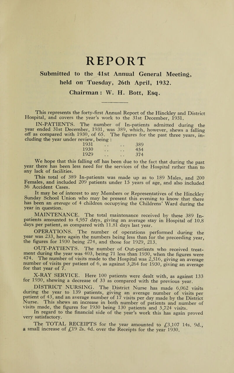 REPORT Submitted to the 41st Annual General Meeting, held on Tuesday, 26th April, 1932. Chairman: W. H. Bott, Esq. This represents the forty-first Annual Report of the Hinckley and District Hospital, and covers the year’s work to the 31st December, 1931. IN-PATIENTS. The number of In-patients admitted during the year ended 31st December, 1931, was 389, which, however, shews a falling off as compared with 1930, of 65. The figures for the past three years, in¬ cluding the year under review, being : 1931 . . . . 389 1930 .. .. 454 1929 .. .. 374 We hope that this falling off has been due to the fact that during the past year there has been less need for the services of the Hospital rather than to any lack of facilities. This total of 389 In-patients was made up as to 189 Males, and 200 Females, and included 209 patients under 15 years of age, and also included 56 Accident Cases. It may be of interest to any Members or Representatives of the Hinckley Sunday School Union who may be present this evening to know that there has been an average of 4 children occupying the Childrens’ Ward during the year in question. MAINTENANCE. The total maintenance received by these 389 In¬ patients amounted to 4,957 days, giving an average stay in Hospital of 10.8 days per patient, as compared with 11.81 days last year. OPERATIONS. The number of operations performed during the year was 233, here again the numbers being less than for the preceeding year, the figures for 1930 being 274, and those for 1929, 213, OUT-PATIENTS. The number of Out-patients who received treat¬ ment during the year was 403, being 71 less than 1930, when the figures were 474. The number of visits made to the Hospital was 2,516, giving an average number of visits per patient of 6, as against 3,264 for 1930, giving an average for that year of 7. X-RAY SERVICE. Here 100 patients were dealt with, as against 133 for 1930, shewing a decrease of 33 as compared with the previous year. DISTRICT NURSING. The District Nurse has made 6,062 visits during the year to 139 patients, giving an average number of visits per patient of 43, and an average number of 17 visits per day made by the District Nurse. This shews an increase in both number of patients and number of visits made, the figures for 1930 being 130 patients and 5,724 visits. In regard to the financial side of the year’s work this has again proved very satisfactory. The TOTAL RECEIPTS for the year amounted to £3,107 14s. 9d., a small increase of £19 2s. 4d. over the Receipts for the year 1930.