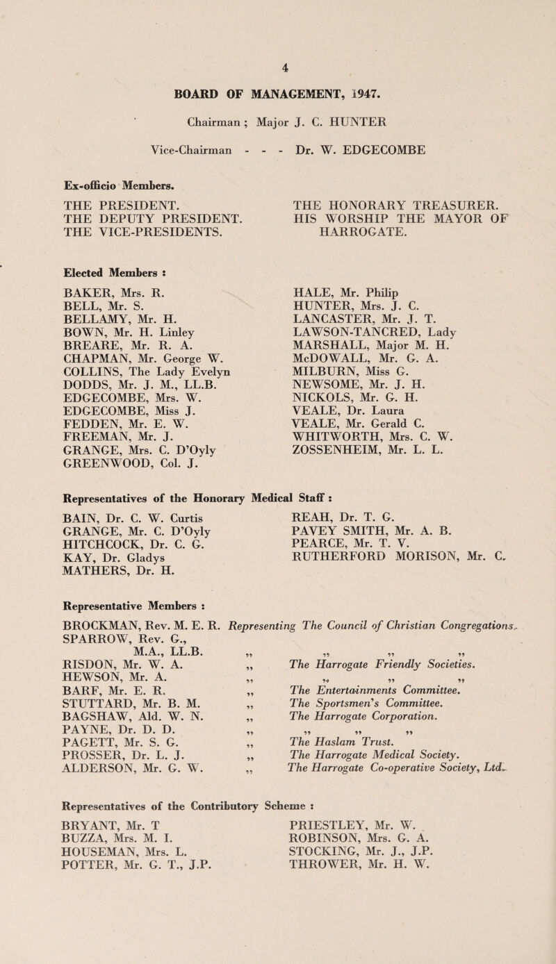 BOARD OF MANAGEMENT, 1947. Chairman ; Major J. C. HUNTER Vice-Chairman - - - Dr. W. EDGECOMBE Ex-officio Members. THE PRESIDENT. THE DEPUTY PRESIDENT. THE VICE-PRESIDENTS. Elected Members : BAKER, Mrs. R. BELL, Mr. S. BELLAMY, Mr. H. BOWN, Mr. H. Lin ley BREARE, Mr. R. A. CHAPMAN, Mr. George \V. COLLINS, The Lady Evelyn DODDS, Mr. J. M., LL.B. EDGECOMBE, Mrs. W. EDGECOMBE, Miss J. FEDDEN, Mr. E. W. FREEMAN, Mr. J. GRANGE, Mrs. C. D’Oyly GREENWOOD, Col. J. THE HONORARY TREASURER. HIS WORSHIP THE MAYOR OF HARROGATE. HALE, Mr. Philip HUNTER, Mrs. J. C. LANCASTER, Mr. J. T. LAWSON-TANCRED, Lady MARSHALL, Major M. H. McDOWALL, Mr. G. A. MILBURN, Miss G. NEWSOME, Mr. J. H. NICKOLS, Mr. G. H. VEALE, Dr. Laura VEALE, Mr. Gerald C. WHITWORTH, Mrs. C. W. ZOSSENHEIM, Mr. L. L. Representatives of the Honorary Medical Staff : BAIN, Dr. C. W. Curtis REAH, Dr. T. G. GRANGE, Mr. C. D’Oyly PAVEY SMITH, Mr. A. B. HITCHCOCK, Dr. C. G. PEARCE, Mr. T. V. KAY, Dr. Gladys RUTHERFORD MORISON, Mr. C. MATHERS, Dr. H. Representative Members : BROCKMAN, Rev. M. E. R. SPARROW, Rev. G., M.A., LL.B. RISDON, Mr. W. A. HEWSON, Mr. A. BARF, Mr. E. R. STUTTARD, Mr. B. M. BAGSHAW, Aid. W. N. PAYNE, Dr. D. D. PAGETT, Mr. S. G. PROSSER, Dr. L. J. ALDERSON, Mr. G. W. Representing The Council of Christian Congregations tt it tt tt ,, The Harrogate Friendly Societies. 99 99 99 99 ,, The Entertainments Committee. ,, The Sportsmen9s Committee. ,, The Harrogate Corporation. 99 99 99 99 ,, The Haslam Trust. „ The Harrogate Medical Society. ,, The Harrogate Co-operative Society, Ltd* Representatives of the Contributory Scheme : BRYANT, Mr. T BUZZA, Mrs. M. I. HOUSEMAN, Mrs. L. POTTER, Mr. G. T., J.P. PRIESTLEY, Mr. W. ROBINSON, Mrs. G. A. STOCKING, Mr. J., J.P. THROWER, Mr. H. W.