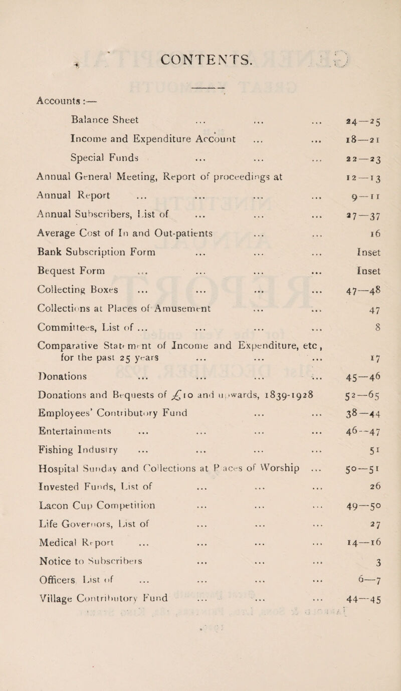 CONTENTS. CONTENTS. Accounts:— Balance Sheet 24 — 25 • Income and Expenditure Account 18 — 2 1 Special Funds 22 — 23 Annual General Meeting, Report of proceedings at 12 — 13 Annual Report 9 — ri Annual Subscribers, List of 27—37 Average Cost of In and Out-patients 16 Bank Subscription Form Inset Bequest Form Inset Collecting Boxes 00 1 1 xe Collections at Places of Amusement 47 Committees, List of ... 8 Comparative StaPm-nt of Income and Expenditure, etc, for the past 25 y<~ars 17 Donations 45 — 46 Donations and Bequests of ^to and upwards, 1839-1928 52—65 Employees’ Contributory Fund 38—44 Entertainments 46—47 Fishing Industry 51 Hospital Sunday and Collections at P aces of Worship S°—51 Invested Funds, List of 26 Lacon Cup Competition 49—50 Life Governors, List of 27 Medical Report 14—16 Notice to Subscribers 3 Officers List of 6—7 Village Contributory Fund 44—45