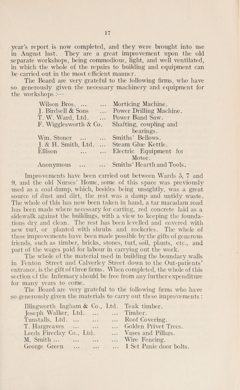 year’s report is now completed, and they were brought into use in August last. They are a great improvement upon the old separate workshops, being commodious, light, and well ventilated, in which the whole of the repairs to building and equipment can be carried out in the most efficient manner. The Board are very grateful to the following firms, who have so generously given the necessary machinery and equipment for the workshops Wilson Bros. ... J. Birdsell & Sons T. W. Ward, Ltd. F. Wigglesworth & Co. Wm. Stoner J. & H. Smith, Ltd. .. Ellison Anonymous Morticing Machine. Power Drilling Machine. Power Band Saw. Shafting, coupling and bearings. Smiths’ Bellows. Steam Glue Kettle. Electric Equipment foi Motor. Smiths’ Hearth and Tools. Improvements have been carried out between Wards 5, 7 and 9, and the old Nurses’ Home, some of this space was previously used as a coal dump, which, besides being unsightly, was a great source of dust and dirt, the rest was a damp and untidy waste. The whole of this has now been taken in hand, a tar macadam road has been made where necessary for carting, red concrete laid as a sidewalk against the buildings, with a view to keeping the founda¬ tions dry and clean. The rest has been levelled and covered with new turf, or planted with shrubs and rockeries. The whole of these improvements have been made possible by the gifts of generous friends, such as timber, bricks, stones, turf, soil, plants, etc., and part of the wages paid for labour in carrying out the work. The whole of the material used in building the boundary walls in Fenton Street and Calverley Street down to the Out-patients’ entrance, is the gift of three firms. When completed, the whole of this section of the In firm ary should be free from any further expenditure for many years to come. The Board are very grateful to the following firms who have so generously given the materials to carry out these improvements : Illingworth Ingham & Co Joseph Walker, Ltd. Tunstalls, Ltd. ... T. Hargreaves Leeds Fireclay Co., Ltd. M, Smith ... George Green Ltd. Teak timber. ... Timber. ... Roof Covering. Golden Privet Trees. ... Vases and Pillars. ... Wire Fencing. 1 Set Panic door bolts.
