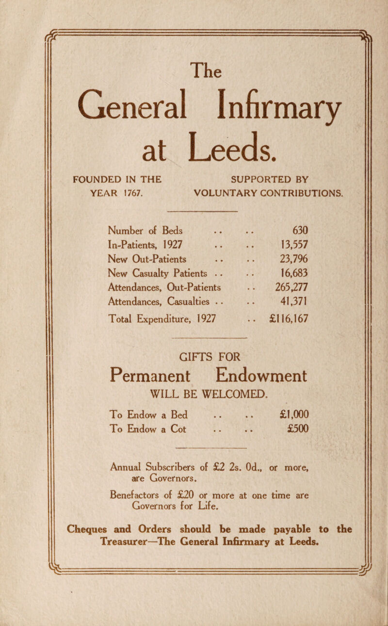 The General Infirmary at Leeds. FOUNDED IN THE YEAR 1767. SUPPORTED BY VOLUNTARY CONTRIBUTIONS. Number of Beds .. .. 630 In-Patients, 1927 .. .. 13,557 New Out-Patients •. . . 23,796 New Casualty Patients .. .. 16,683 Attendances, Out-Patients .. 265,277 Attendances, Casualties .. .. 41,371 Total Expenditure, 1927 .. £116,167 GIFTS FOR Permanent Endowment WILL BE WELCOMED. * lo Endow a Bed .. .. £1,000 To Endow a Cot . . .. £500 Annual Subscribers of £2 2s. 0d„ or more, are Governors. Benefactors of £20 or more at one time are Governors for Life. Cheques and Orders should be made payable to the Treasurer—The General Infirmary at Leeds.