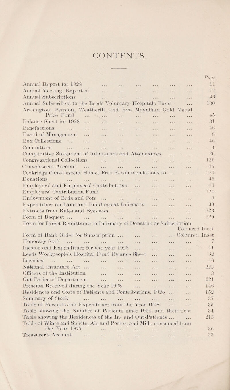 CONTENTS. Page Annual Report for 1928 ... ... ... ... ... ... 11 Annual Meeting, Report of ... ... ... ... ... ... 17 Annual Subscriptions ... ... ... ... ... ... ... 46 Annual Subscribers to the Leeds Voluntary Hospitals Fund ... 130 Arthington, Pension, Weatherill, and Eva Moynihan Gold Medal Prize Fund ... ... ... ... ... ... ... 45 Balance Sheet for 1928 ... ... ... ... ... ... ... 31 Benefactions ... ... ... ... ... ... ... ... 46 Board of Management ... ... ... ... ... ... ... 8 Box Collections ... ... ... ... ... ... ... ... 46 Committees ... ... ... ... ... ... ... ... 4 Comparative Statement of Admissions and Attendances ... ... 26 Congregational Collections ... ... ... ... ... ... 136 Convalescent Account ... ... ... ... ... ... ... 45 Cookridge Convalescent Home. Free Recommendations to ... ... 220 Donations ... ... ... ... ... ... ... ... 46 Employers’and Employees’ Contributions ... ... ... ... 46 Employers’Contribution Fund ... ... ... ... ... 124 Endowment of Beds and Cots ... ... ... ... ... ... 9 Expenditure on Land and Buildings at Infirmary ... ... ... 30 Extracts from Rules and Bye-laws ... ... ... ... ... 223 Form of Bequest ... ... ... ... ... ... ... ... 220 Form for Direct Remittance to Infirmary of Donation or Subscription Coloured Inset Form of Bank Order for Subscription ... ... ... ... Coloured Inset Honorary Staff ... ... ... ... ... ... ... ... 7 Income and Expenditure for the year 1928 ... ... ... ... 41 Leeds Workpeople’s Hospital Fund Balance Sheet ... ... ... 32 Legacies ... ... ... ... ... ... ... ... ... 46 National Insurance Act ... ... ... ... ... ... ... 222 Officers of the Institution ... ... ... ... ... ... 3 Out-Patients’ Department ... ... ... ... . ~ ... 221 Presents Received during the War 1928 ... ... ... ... 146 Residences and Costs of Patients and Contributions, 1928 ... ... 152 Summary of Stock ... ... ... ... ... ... ... 37 Table of Receipts and Expenditure from the Year 1908 ... ... 35 Table showing the Number of Patients since 1904, and their Cost 34 Table showing the Residences of the In- and Out-Patients ... ... 213 Table of Wines and Spirits, Ale and Porter, and Milk, consumed from the Year 1877 ... ... ... ... ... ... 36 Treasurer’s Account ... ... ... ... ... ... ... 33