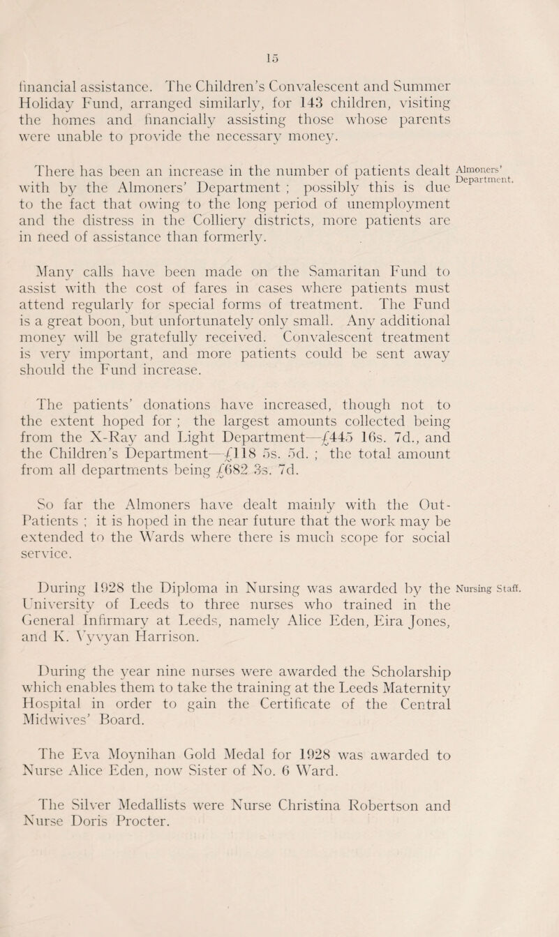 financial assistance. The Children’s Convalescent and Summer Holiday Fund, arranged similarly, for 143 children, visiting the homes and financially assisting those whose parents were unable to provide the necessary money. There has been an increase in the number of patients dealt Aimonere^ with by the Almoners’ Department ; possibly this is due epar nlLU • to the fact that owing to the long period of unemployment and the distress in the Colliery districts, more patients are in need of assistance than formerly. Many calls have been made on the Samaritan Fund to assist with the cost of fares in cases where patients must attend regularly for special forms of treatment. The Fund is a great boon, but unfortunately only small. Any additional money will be gratefully received. Convalescent treatment is very important, and more patients could be sent away should the Fund increase. The patients’ donations have increased, though not to the extent hoped for ; the largest amounts collected being from the X-Ray and Tight Department—£445 16s. 7d., and the Children’s Department—£118 5s. 5d. ; the total amount from all departments being £682 3s. 7d. So far the Almoners have dealt mainly with the Out- Patients ; it is hoped in the near future that the work may be extended to the Wards where there is much scope for social service. During 1628 the Diploma in Nursing was awarded by the Nursing staff. University of Feeds to three nurses who trained in the General Infirmary at Leeds, namely Alice Eden, Eira Jones, and I\. Yyvyan Harrison. During the year nine nurses were awarded the Scholarship which enables them to take the training at the Leeds Maternity Hospital in order to gain the Certificate of the Central Midwives’ Board. The Eva Moynihan Gold Medal for 1928 was awarded to Nurse Alice Eden, now Sister of No. 6 Ward. The Silver Medallists were Nurse Christina Robertson and Nurse Doris Procter.