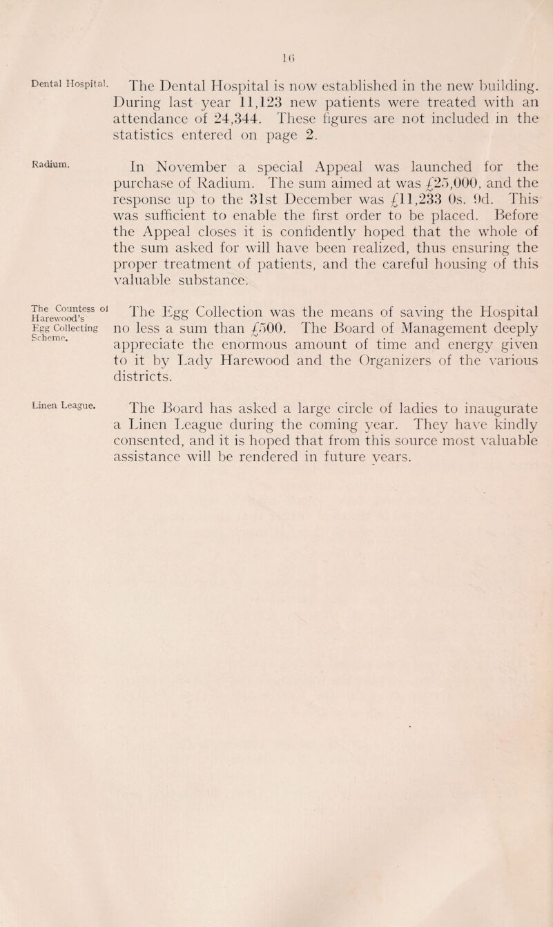 Dental Hospital. Radium. The Countess ol Harewood’s Egg Collecting Scheme. Linen League. 1(> The Dental Hospital is now established in the new building. During last year 11,123 new patients were treated with an attendance of 24,344. These figures are not included in the statistics entered on page 2. In November a special Appeal was launched for the purchase of Radium. The sum aimed at was 425,000, and the response up to the 31st December was £11,233 Os. 9d. This was sufficient to enable the first order to be placed. Before the Appeal closes it is confidently hoped that the whole of the sum asked for will have been realized, thus ensuring the proper treatment of patients, and the careful housing of this valuable substance. The Egg Collection was the means of saving the Hospital no less a sum than £500. The Board of Management deeply appreciate the enormous amount of time and energy given to it by Lady Harewood and the Organizers of the various districts. The Board has asked a large circle of ladies to inaugurate a Linen League during the coming year. They have kindly consented, and it is hoped that from this source most valuable assistance will be rendered in future years.