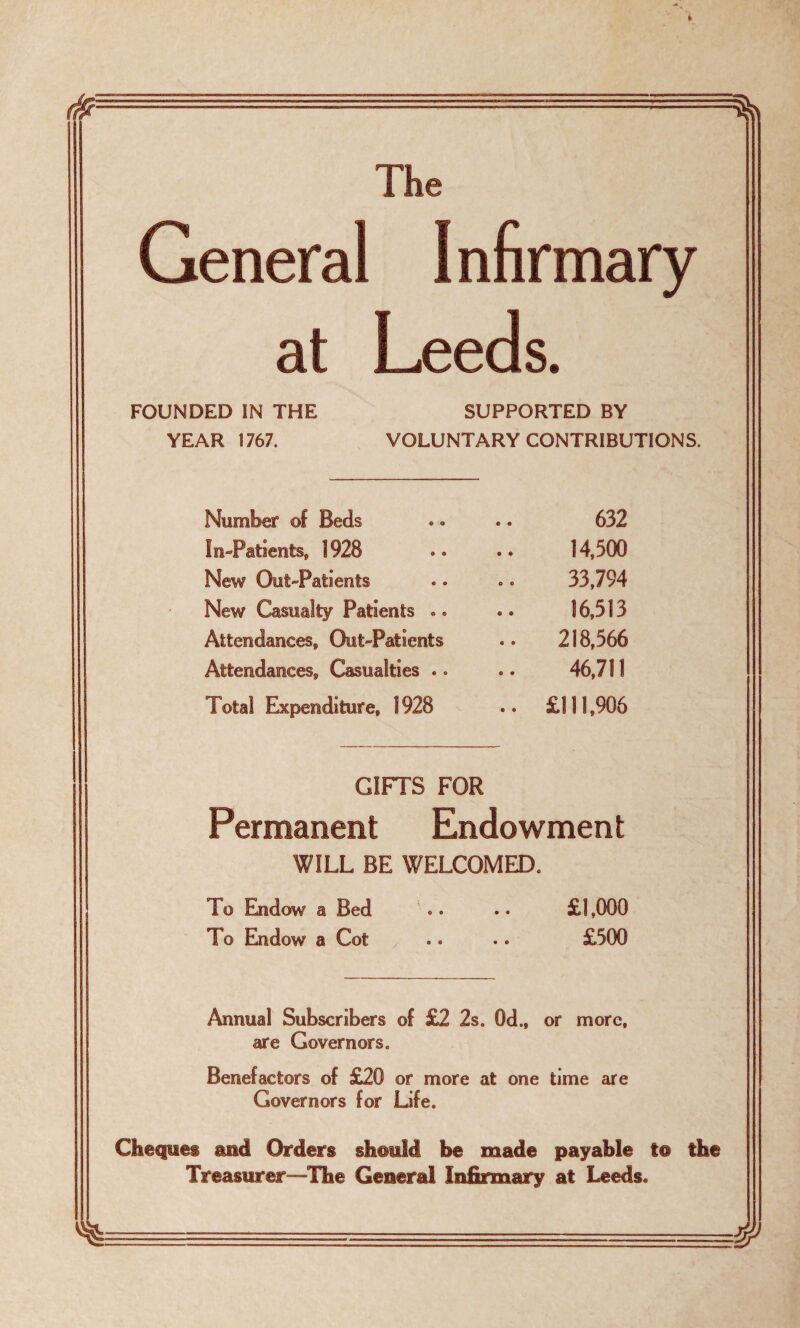 The General Infirmary at Leeds. FOUNDED IN THE YEAR 1767. SUPPORTED BY VOLUNTARY CONTRIBUTIONS. Number of Beds 632 So Patients, 1928 14,500 New Out-Patients 33,794 New Casualty Patients .. 16,513 Attendances, Out-Patients .. 218,566 Attendances, Casualties .. 46,711 Total Expenditure, 1928 .. £111,906 GIFTS FOR Permanent Endowment WILL BE WELCOMED. To Endow a Bed . • •« £1,000 To Endow a Cot .. .. £500 Annual Subscribers of £2 2s. 0d„ or more, are Governors. Benefactors of £20 or more at one time are Governors for Life. Cheques and Orders should be made payable to the Treasurer “The General Infirmary at Leeds.