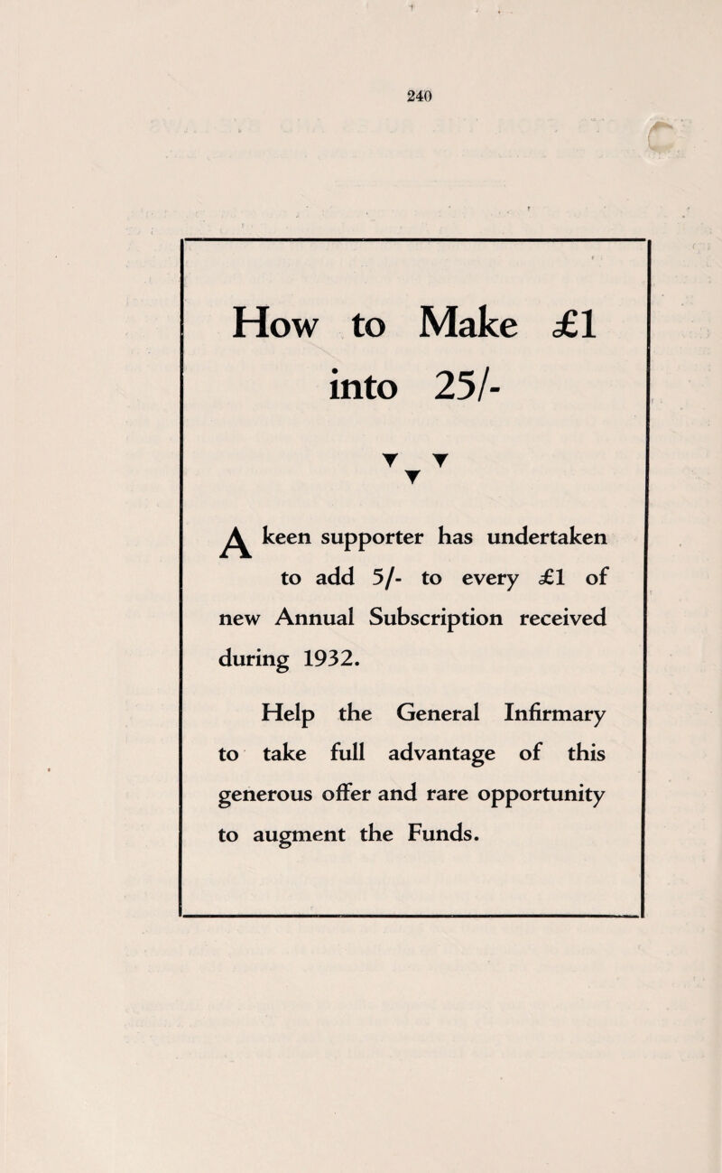 How to Make £1 into 25/- T T T A keen supporter has undertaken to add 5/- to every <£1 of new Annual Subscription received during 1932. Help the General Infirmary to take full advantage of this generous offer and rare opportunity to augment the Funds.